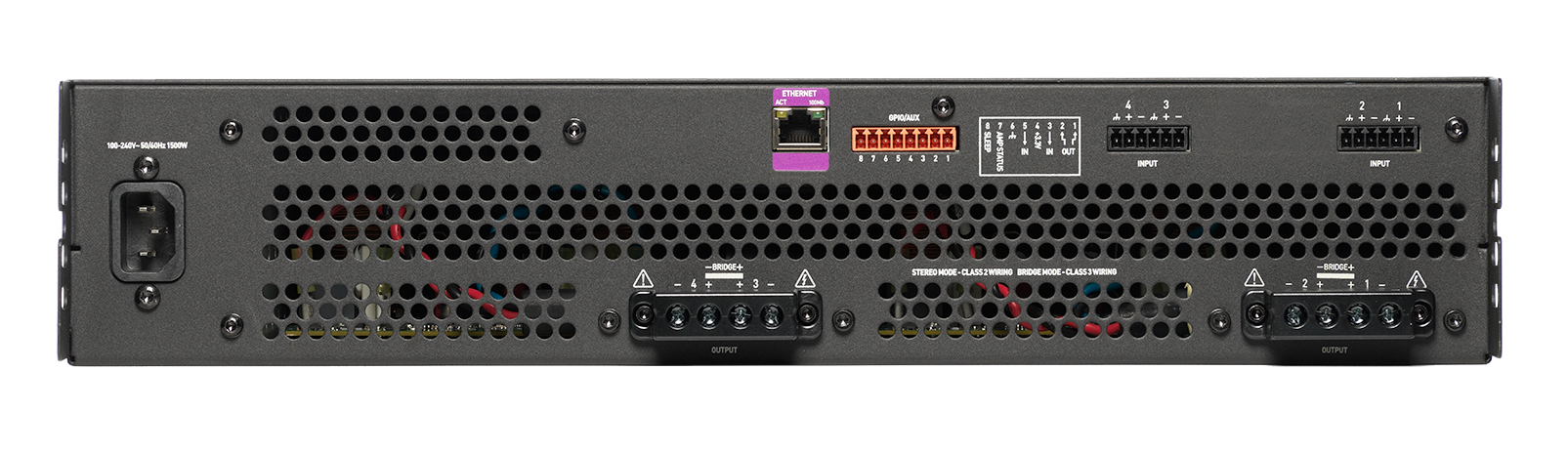 The text on the image reads:

100-2409- M WODT ETHERNET -1 4 3 - +-+ A + 4 87454321 3 1 A I 1 dda SLETP AOV 87454321 AIMPSTATUS N - OUT INPUT 2 1 A + A + 166 INPUT - 4 BRIOGE+ + + 3 - STEREO STEREOMODE-CLASSIWIKING -OE I 2 ROOL+ + + 1 - OUTPUT OUTIMUT