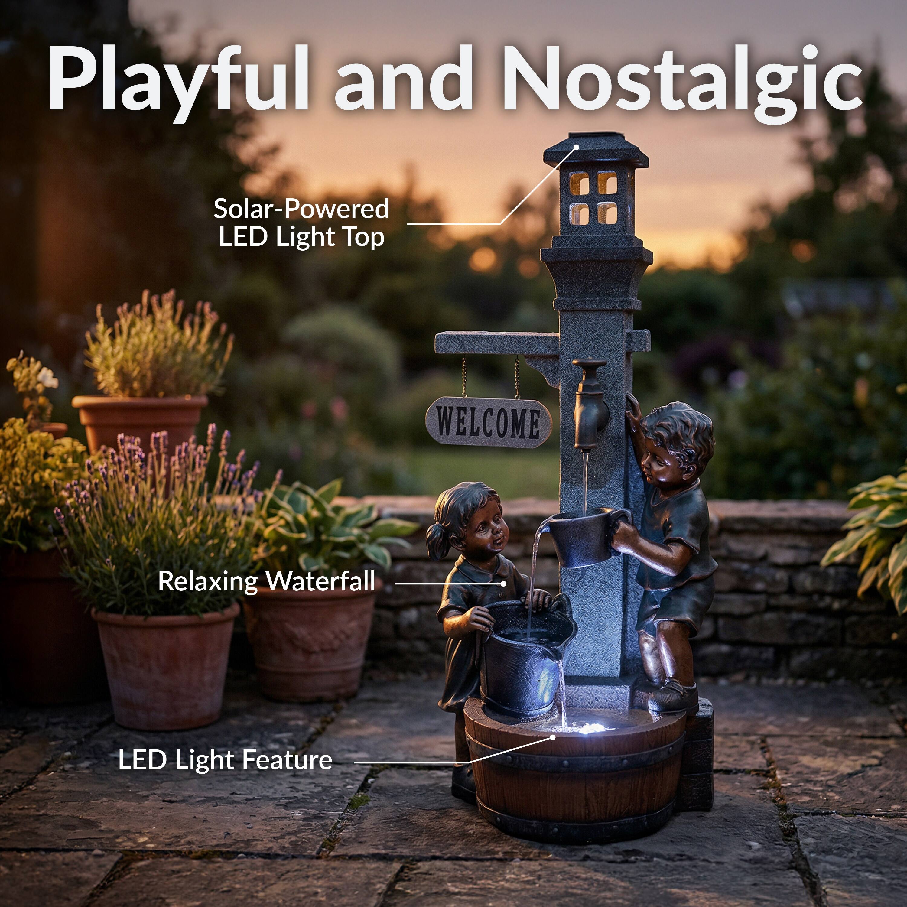 Playful and Nostalgic

Solar-Powered LED Light Top

Relaxing Waterfall

LED Light Feature