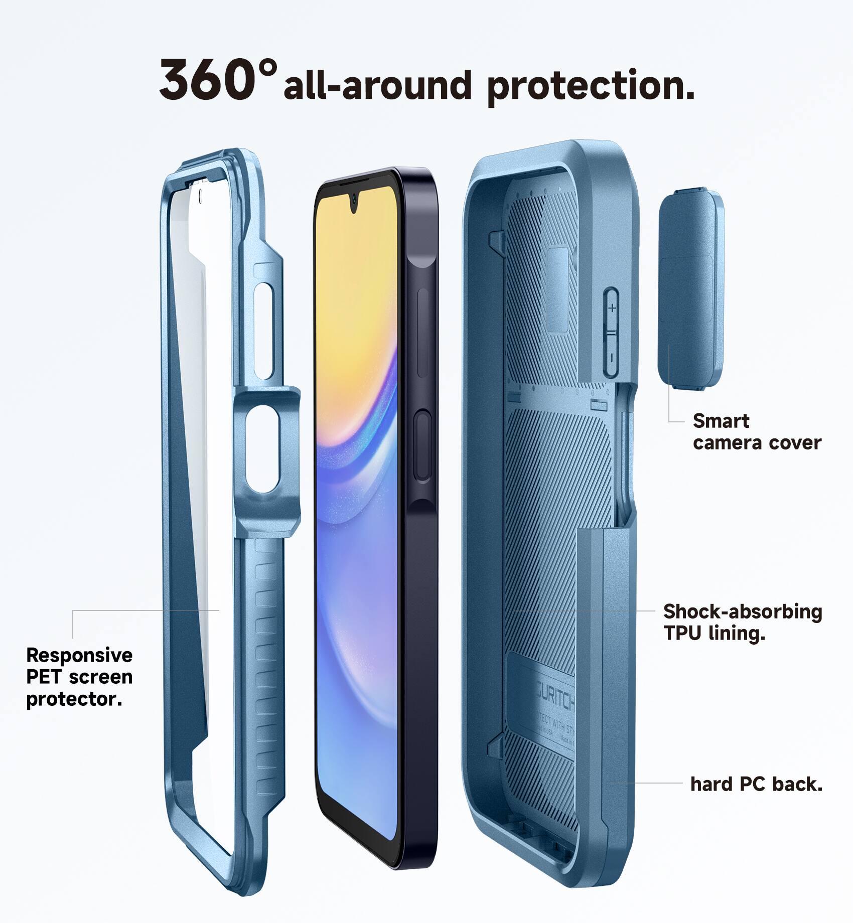 360° all-around protection.  
Responsive PET screen protector.  
URITOH Shock-absorbing TPU lining.  
hard PC back.