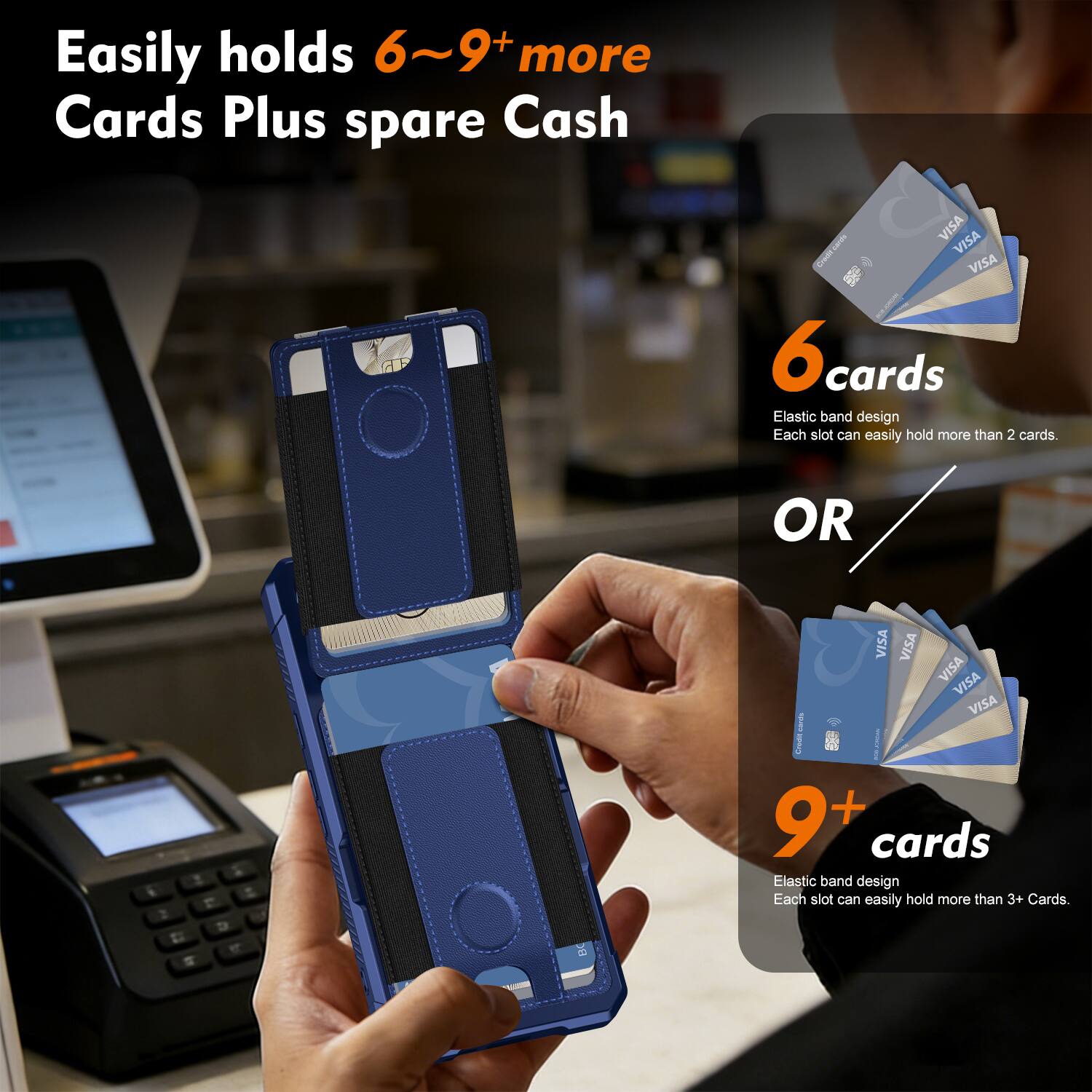 Easily holds 6~9+ more Cards Plus spare Cash

6 cards
Elastic band design
Each slot can easily hold more than 2 cards.

OR

9+ cards
Elastic band design
Each slot can easily hold more than 3+ Cards.