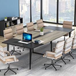 Tribesigns - 94.5-Inch Conference Table with Boat-Shaped Top and Cable Grommets for Office Meetings or Training - Grey & Black