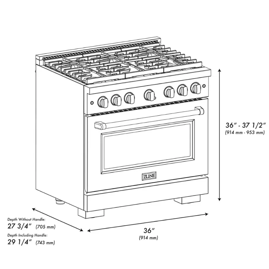 The image shows a stove with a 36" width and a 37 3/4" depth. The stove has a handle that adds 1/2" to the depth, making it 37 1/2" in total. The stove is designed by ZLINE and has a depth without the handle of 27 3/4".