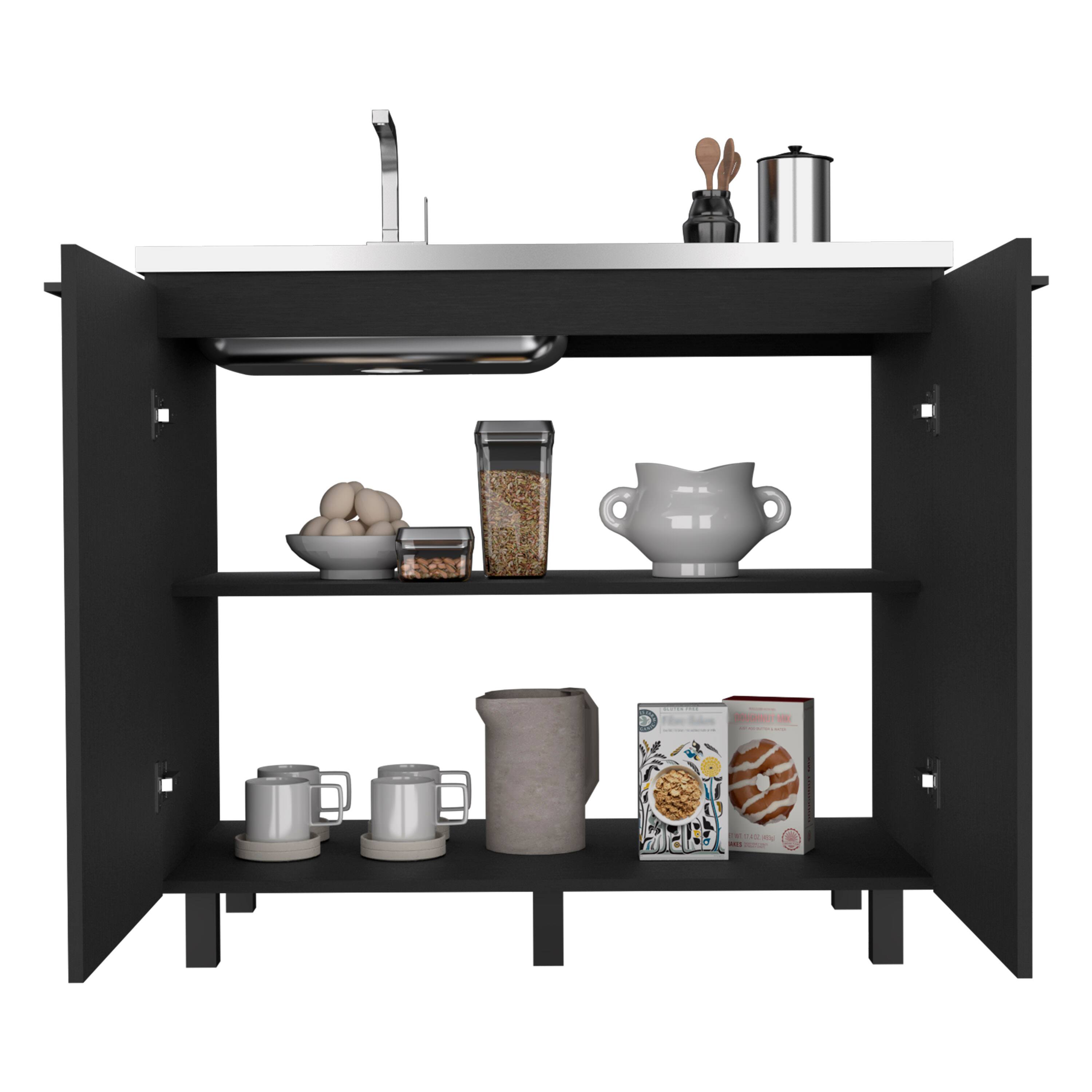Angle. TuHome - Napoles Utility Sink With Cabinet, Stainless Steel Countertop, With two Interior Shelf - Black.