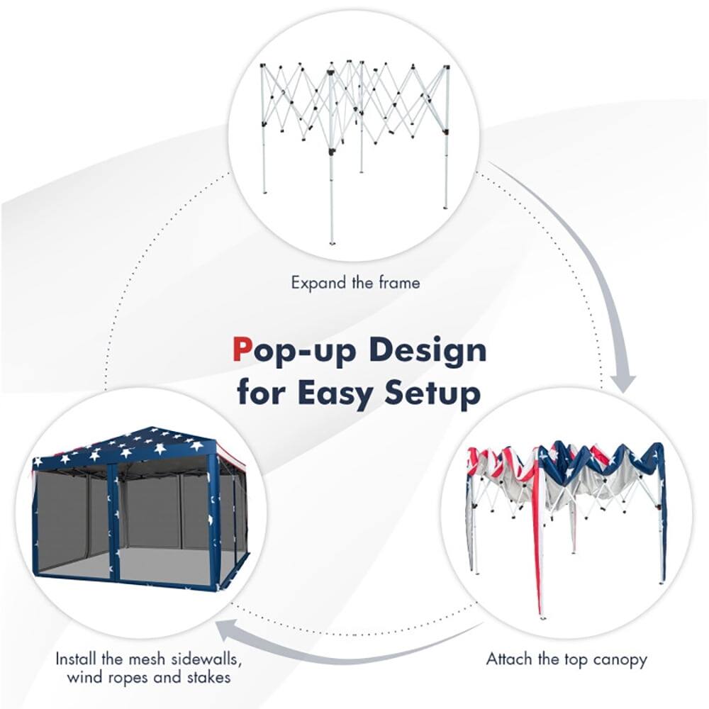 Pop-up Design for Easy Setup

1. Expand the frame
2. Install the mesh sidewalls, wind ropes and stakes
3. Attach the top canopy