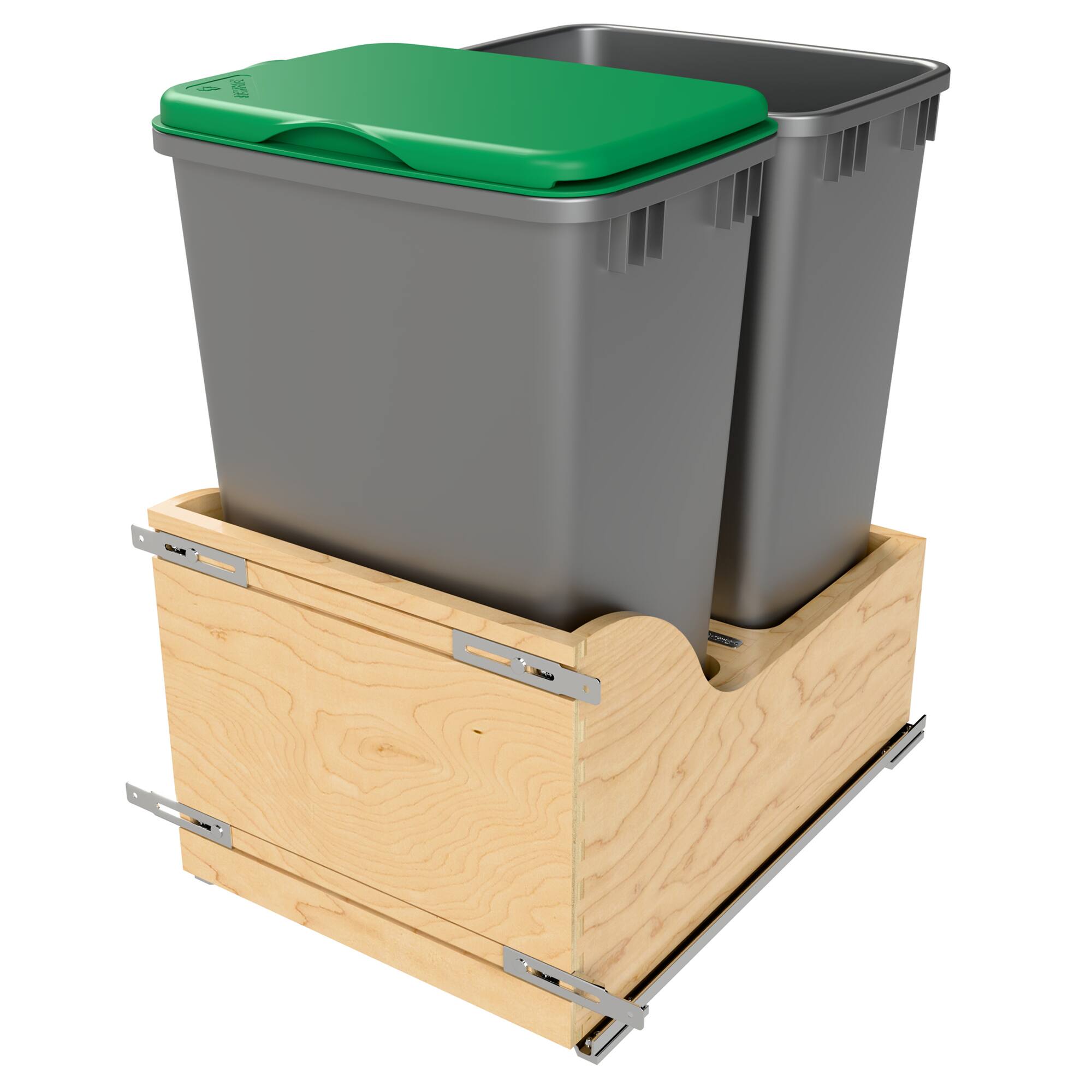 Front. Rev-A-Shelf - Rev-A-Shelf Wood Double Pullout Waste Container, Soft-Close, 50 qt, Silver - Light Brown.