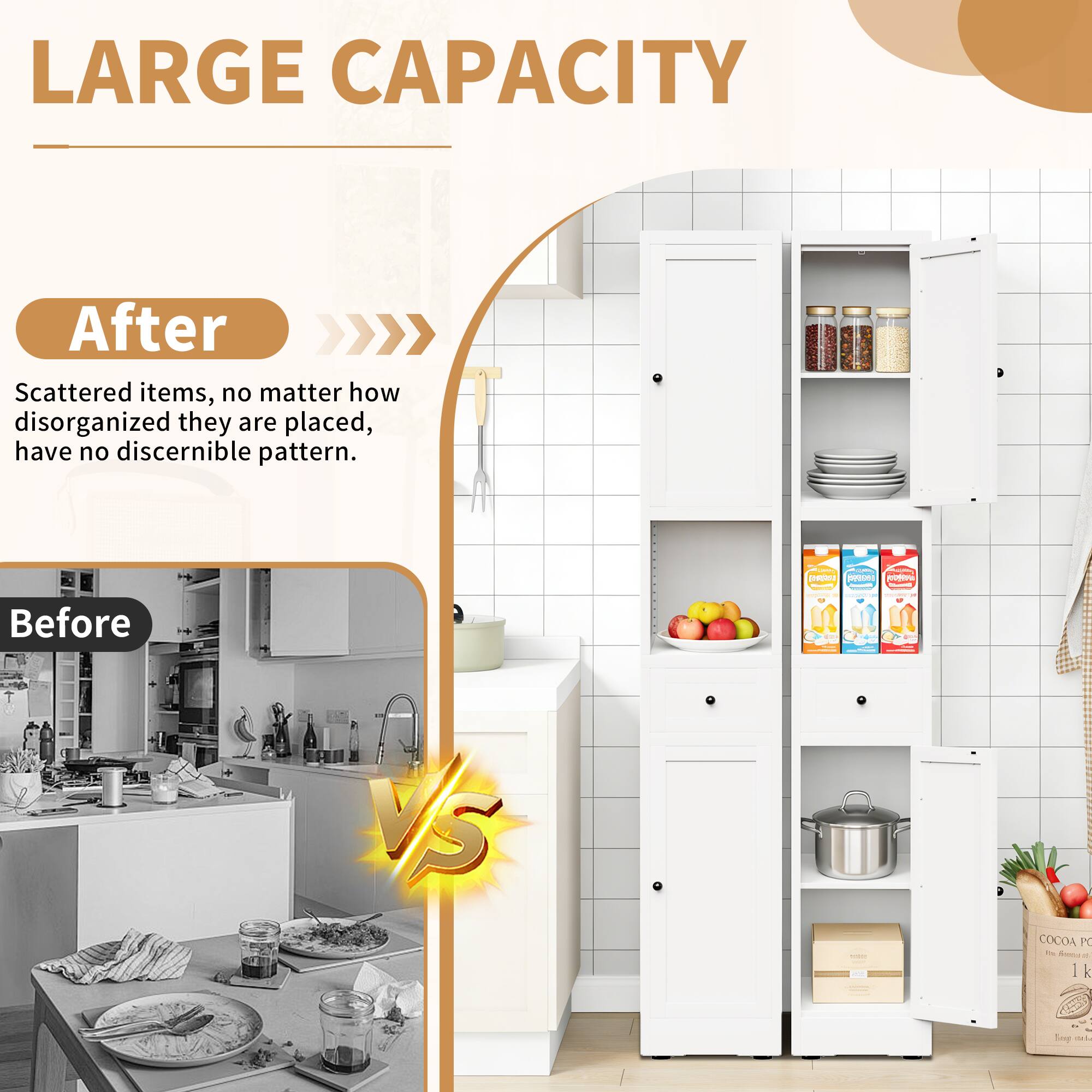 LARGE CAPACITY

After  
Scattered items, no matter how disorganized they are placed, have no discernible pattern.

Before