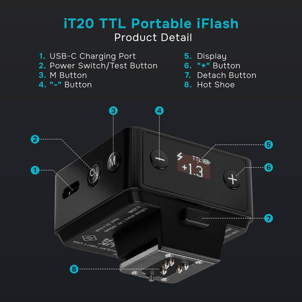 iT20 TTL Portable iFlash Product Detail

1. USB-C Charging Port
2. Power Switch/Test Button
3. M Button
4. "-" Button
5. Display
6. "+" Button
7. Detach Button
8. Hot Shoe

2.22Wh Lithium Input: 5V 0.6A 300mAh

USA UK

Made in China