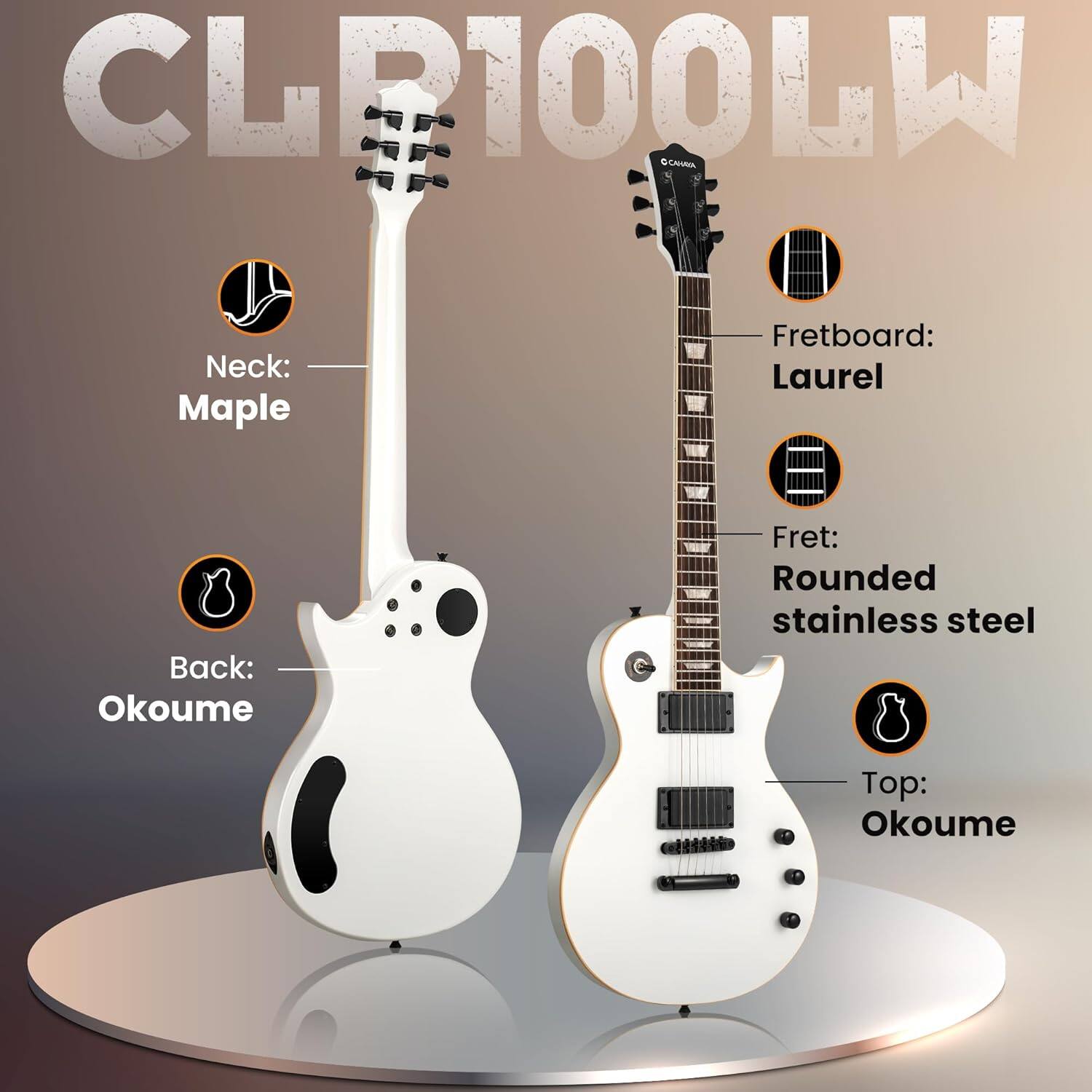 CLE100LW  
Neck: Maple  
Fretboard: Laurel  
Back: Okoume  
Fret: Rounded stainless steel  
Top: Okoume