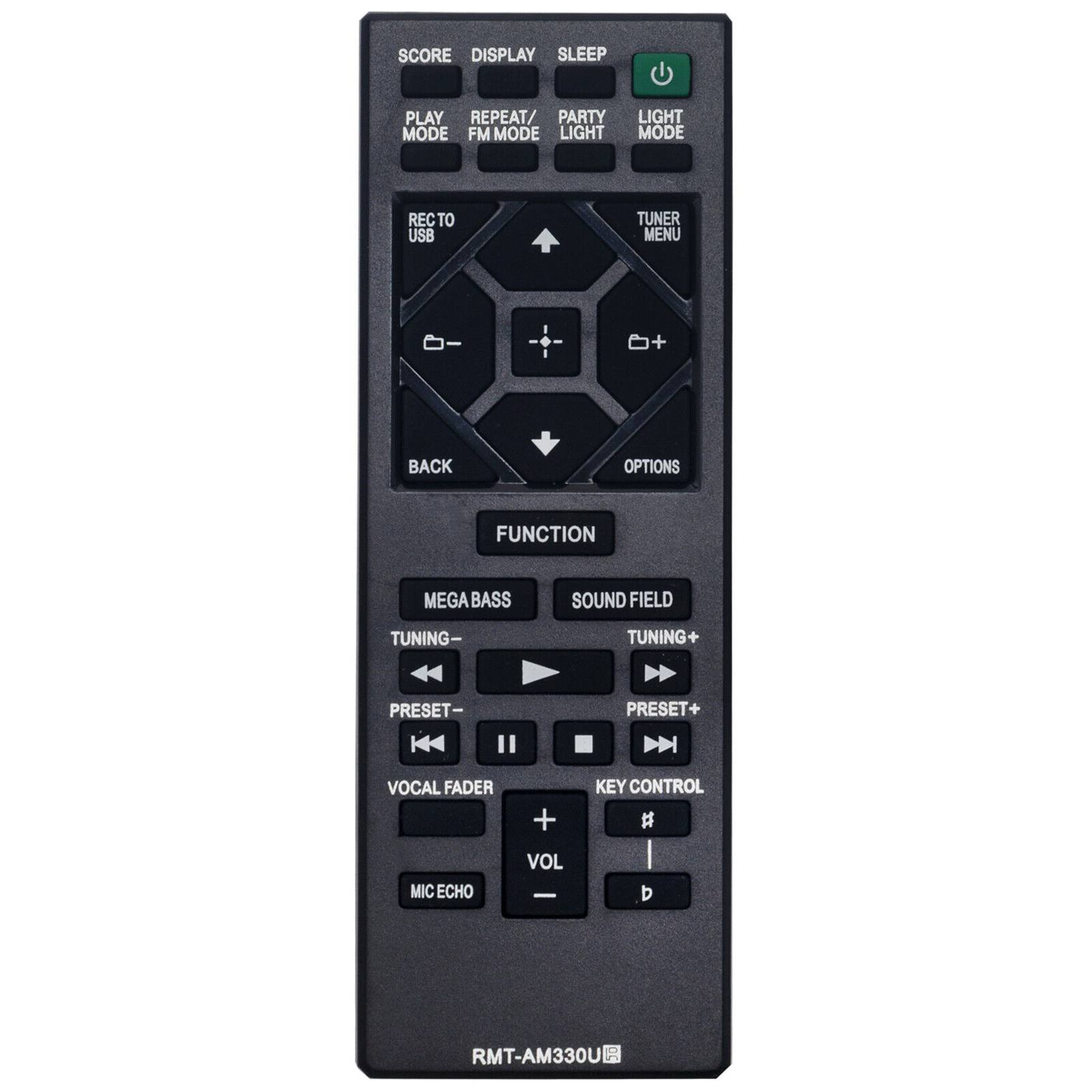- SCORE
- DISPLAY
- SLEEP
- PLAY MODE
- REPEAT/FM MODE
- PARTY LIGHT
- LIGHT MODE
- REC TO USB
- TUNER MENU
- BACK
- OPTIONS
- FUNCTION
- MEGA BASS
- TUNING-
- PRESET-
- VOCAL FADER
- MIC ECHO
- SOUND FIELD
- TUNING+
- PRESET+
- KEY CONTROL
- VOL
- RMT-AM330U