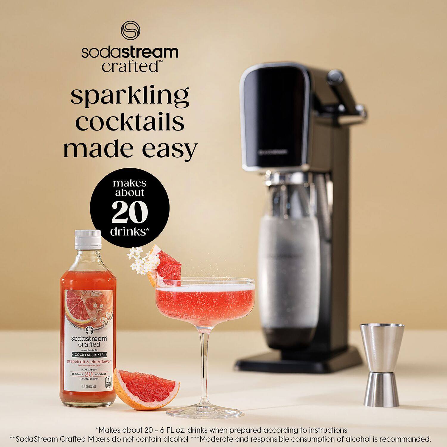SodaStream Crafted Sparkling Cocktails Made Easy makes about 20 drinks. The SodaStream Crafted Cocktail Mixer is both fruity and refreshing, and it comes in a 20-ounce bottle. However, it is important to note that SodaStream Crafted Mixers do not contain alcohol. Moderate and responsible consumption of alcohol is recommended.