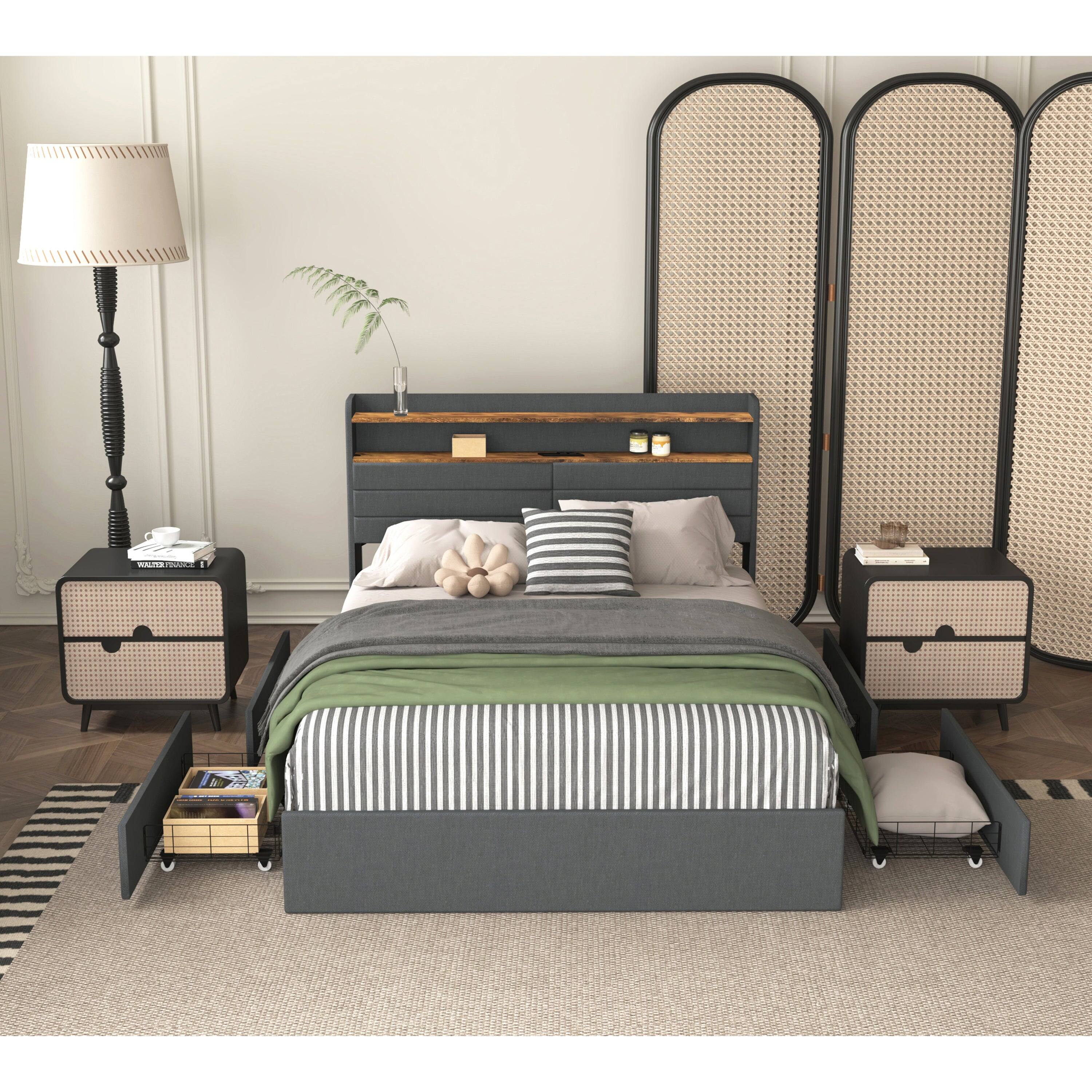 Alt View 2. Boyel Living - Queen Bed Frame with LED Headboard, Charging Station and 4 Storage Drawers - Grey.