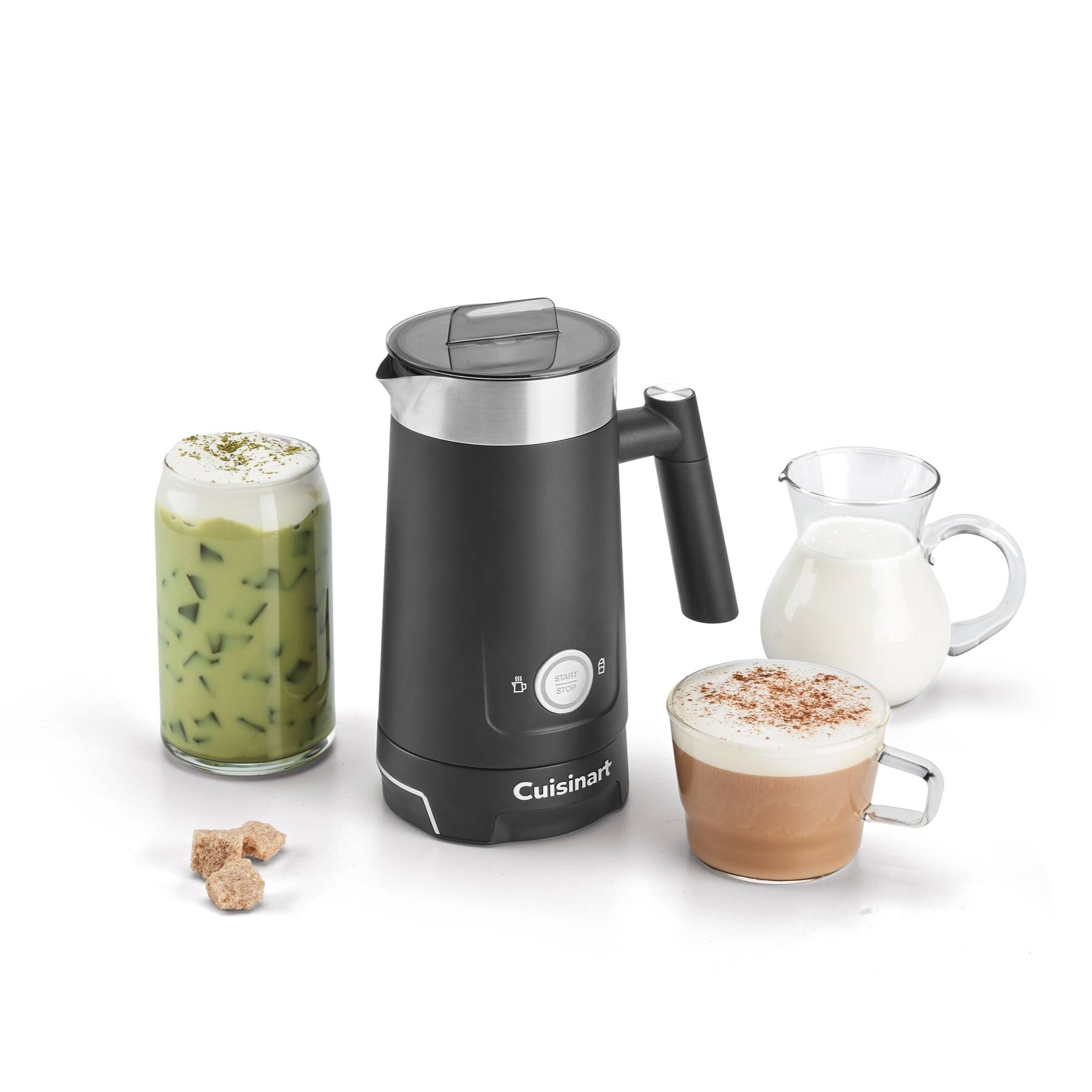The image features a Cuisinart coffee maker, which is a small appliance used for brewing coffee. The coffee maker is placed next to a glass of green tea, a glass of milk, and a cup of coffee. The appliance is designed to make coffee quickly and efficiently, and it is a popular choice for busy households or offices. The presence of the green tea and milk suggests that the coffee maker can also be used to prepare a variety of hot beverages, catering to different tastes and preferences.