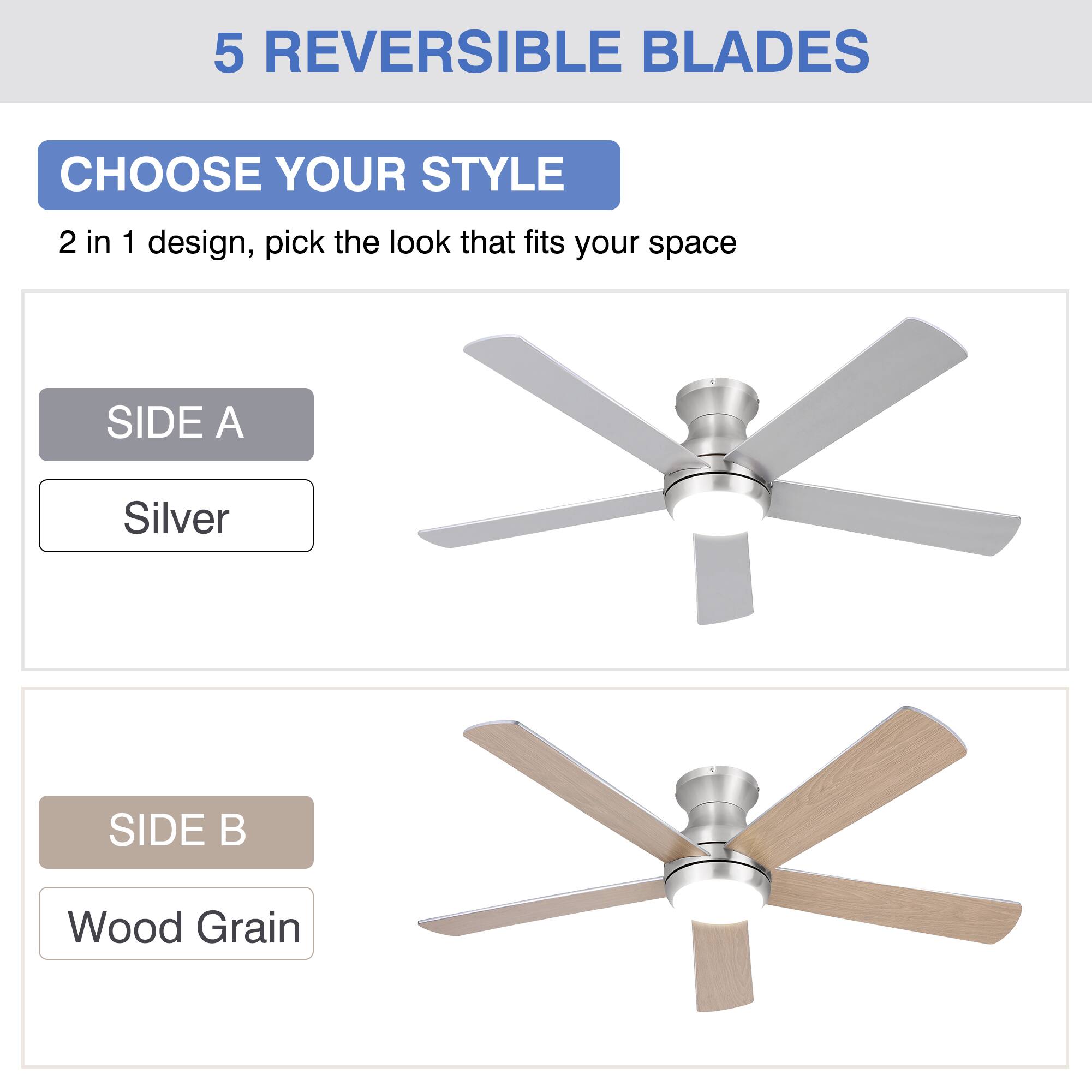 5 REVERSIBLE BLADES

CHOOSE YOUR STYLE

2 in 1 design, pick the look that fits your space

SIDE A
Silver

SIDE B
Wood Grain
