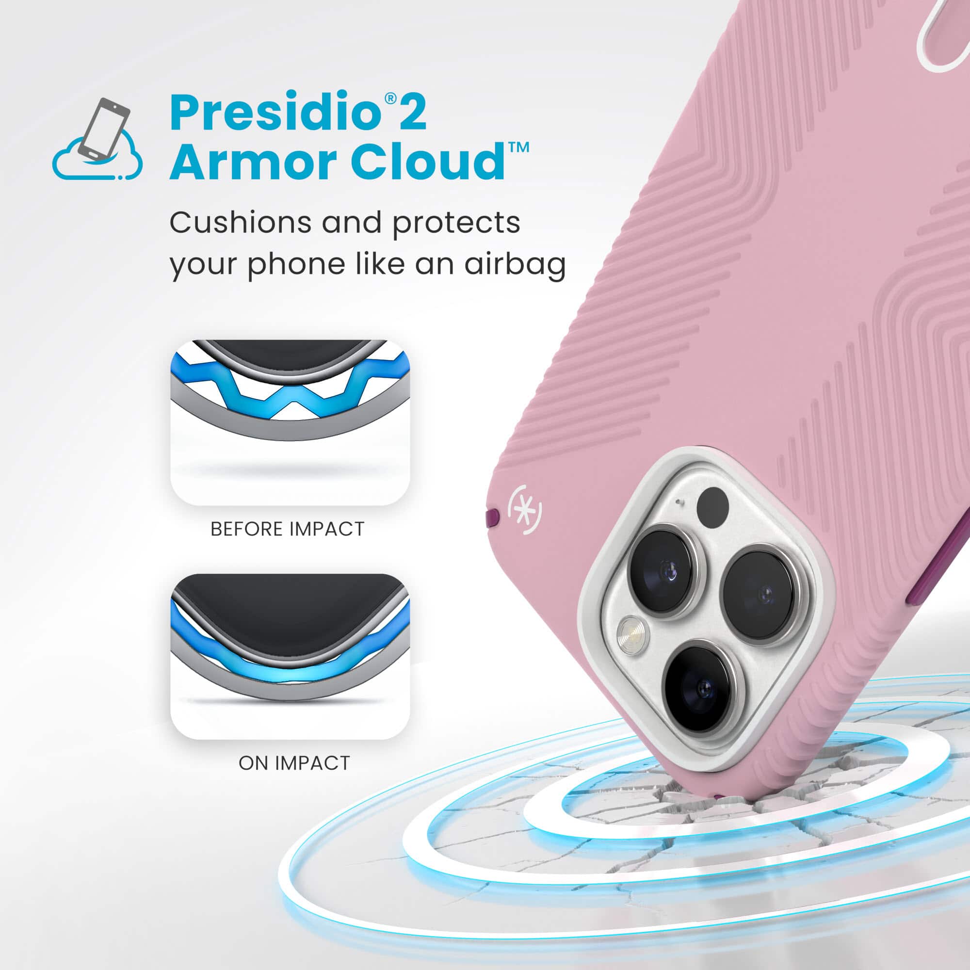 Presidio 2 Armor Cloud: Cushions and protects your phone like an airbag. Before impact * On impact.