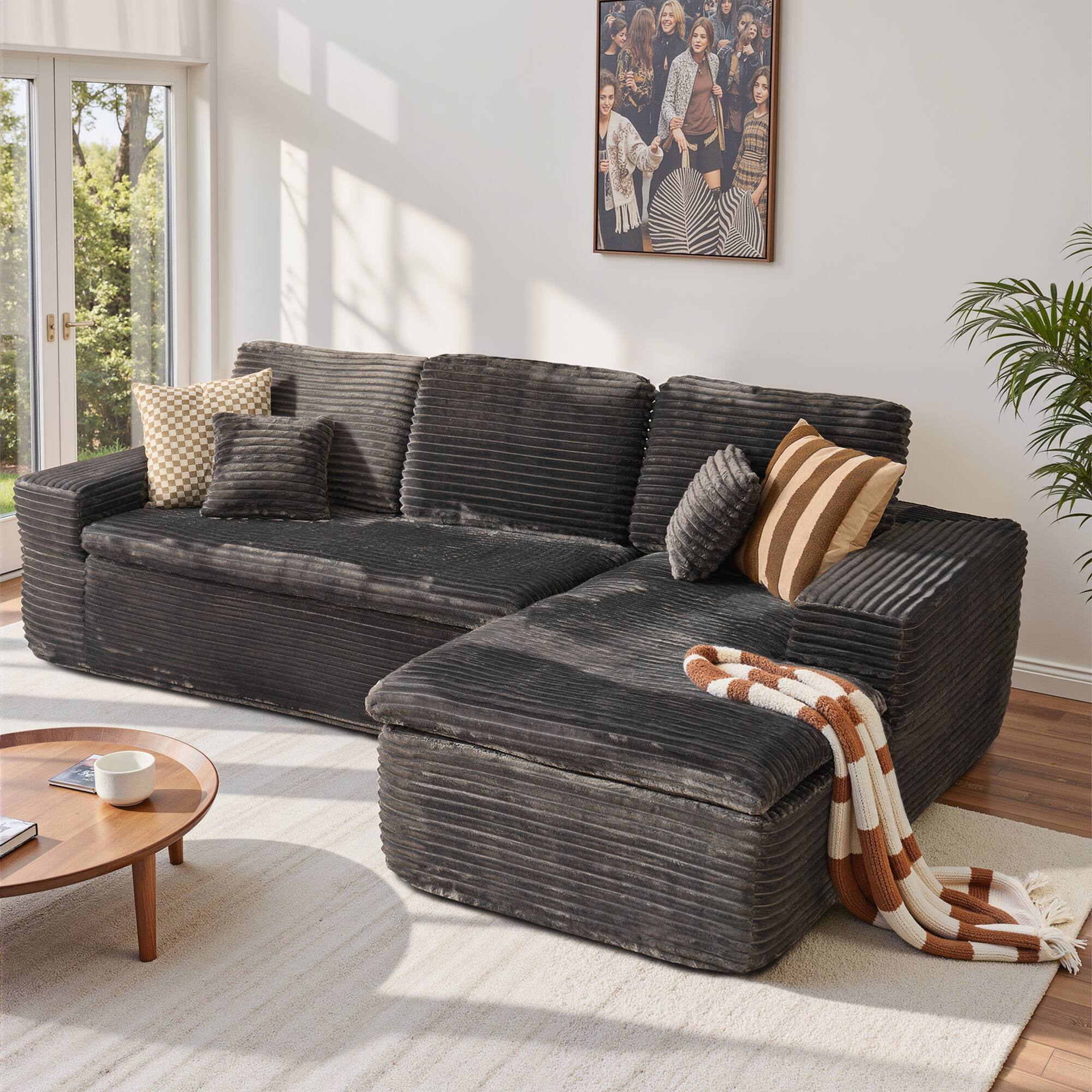 Ovios - 2 Pieces Cloud Like Sectional Sofa, L-Shaped Couch with Chaise for Living Room - Grey(Plush, Right Facing)