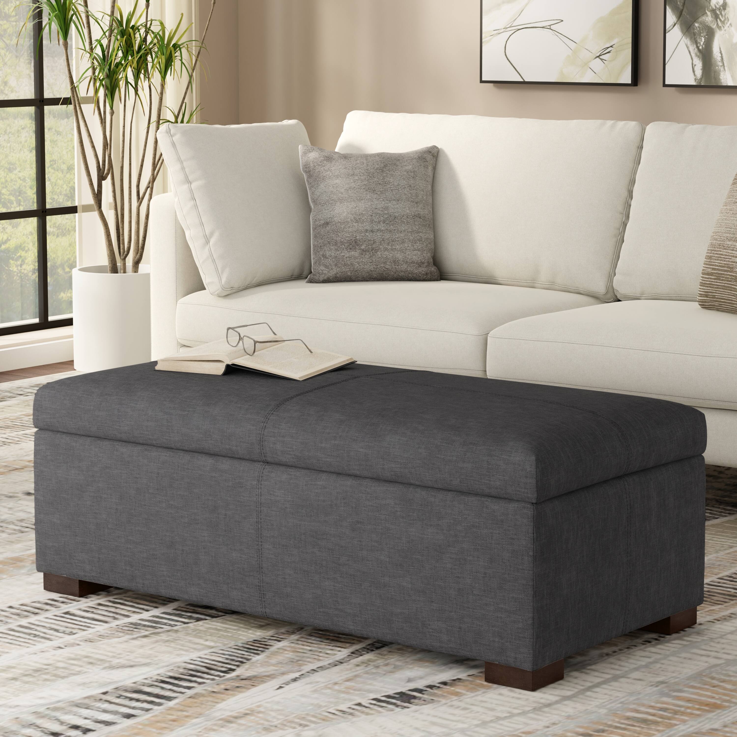 Angle. Simpli Home - Gabbie 48 inch Wide Rectangular Storage Ottoman in Slate Grey Polyester Linen - Slate Grey.