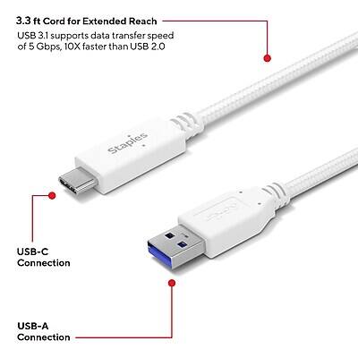3.3 ft Cord for Extended Reach  
USB 3.1 supports data transfer speed of 5 Gbps, 10X faster than USB 2.0  
USB-C Connection  
USB-A Connection