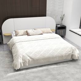 Brick Attic - Upholstered Bed with Oversized Arched Headboard & Side Shelves, Solid Wood Frame, No Box Spring Needed, Storage - White