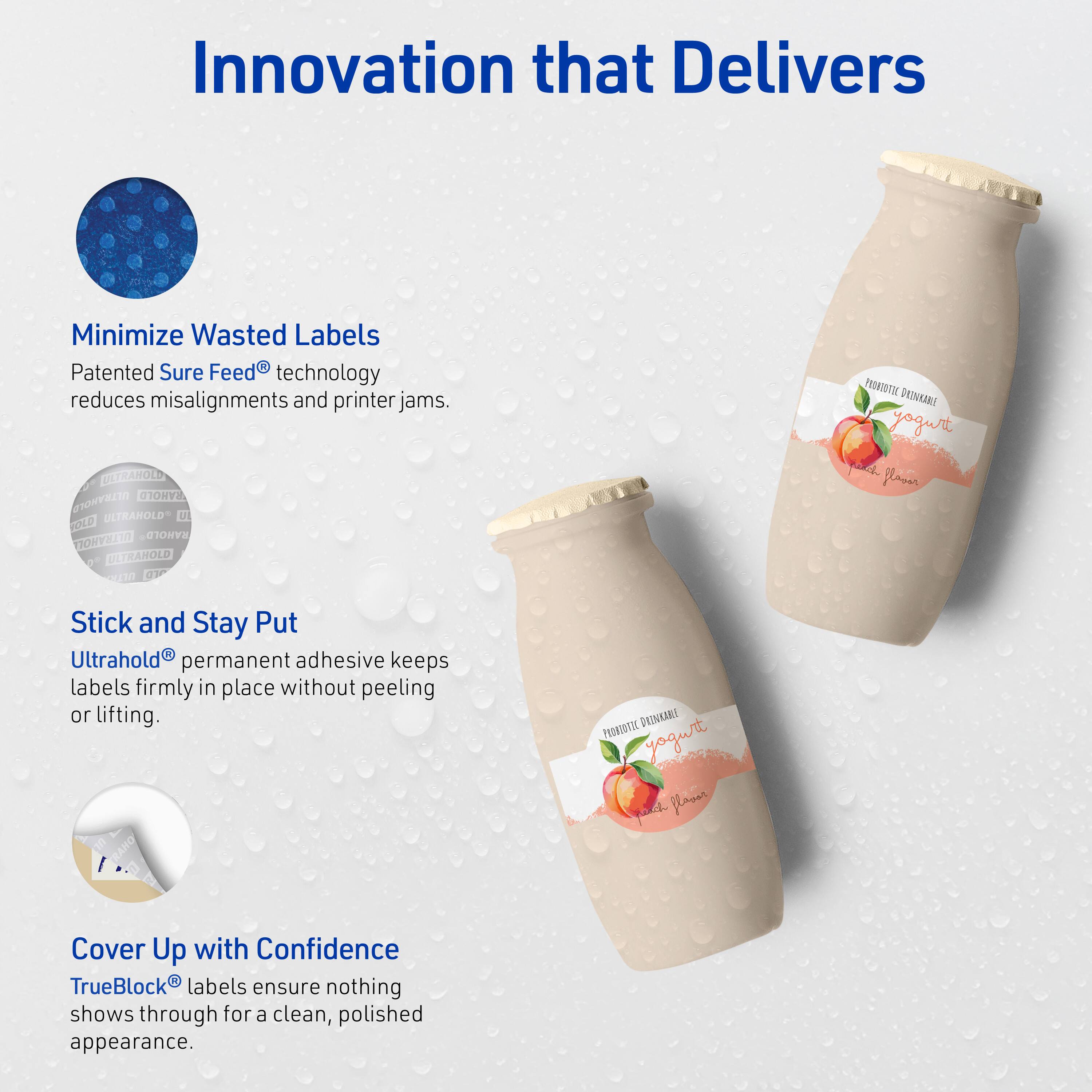 Innovation that Delivers

Minimize Wasted Labels  
Patented Sure Feed® technology reduces misalignments and printer jams.

Stick and Stay Put  
Ultrahold® permanent adhesive keeps labels firmly in place without peeling or lifting.

Cover Up with Confidence  
TrueBlock® labels ensure nothing shows through for a clean, polished appearance.