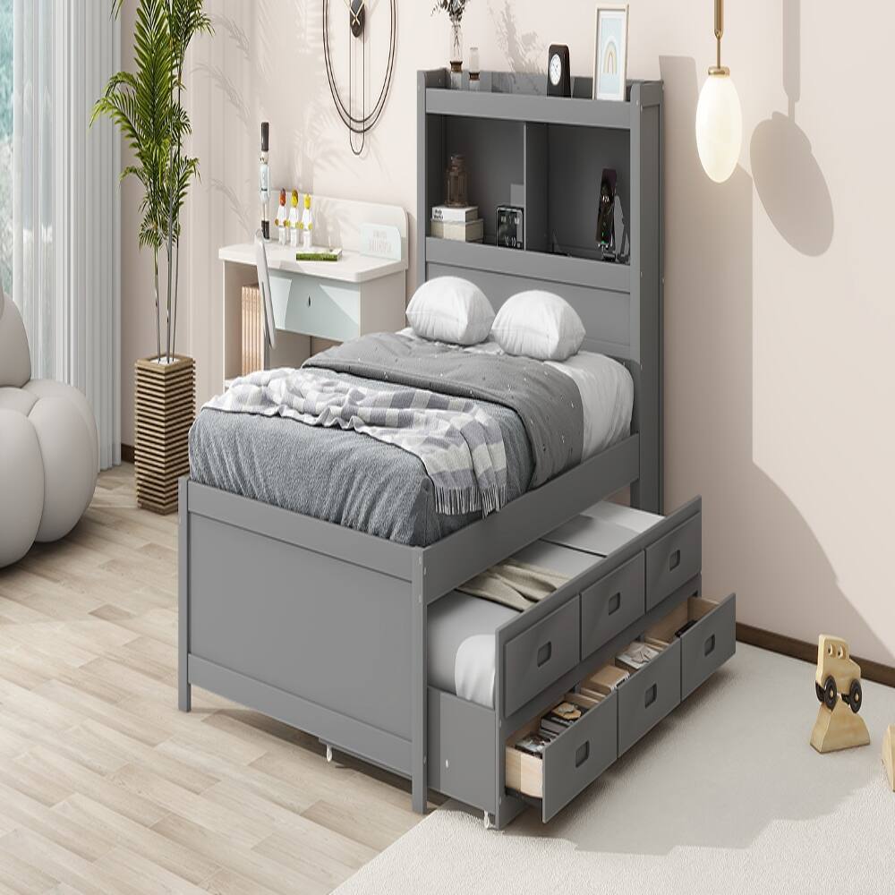 Alt View 2. Loheer - Loheer Full Size Platform Bed with Trundle, Drawers and USB Ports, Gray Captains Bed - Gray.