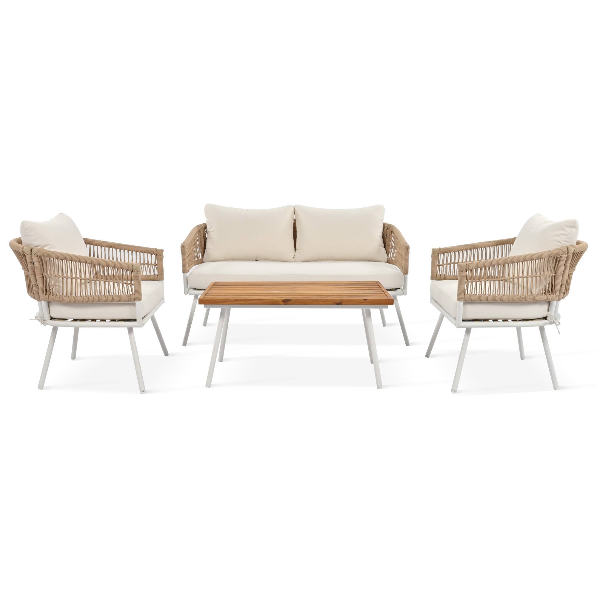 Alt View 8. Siljoy - 4-Piece Boho Rope Patio Set, Acacia Wood Table, Deep Seating Thick Cushions, Beige - Beige.