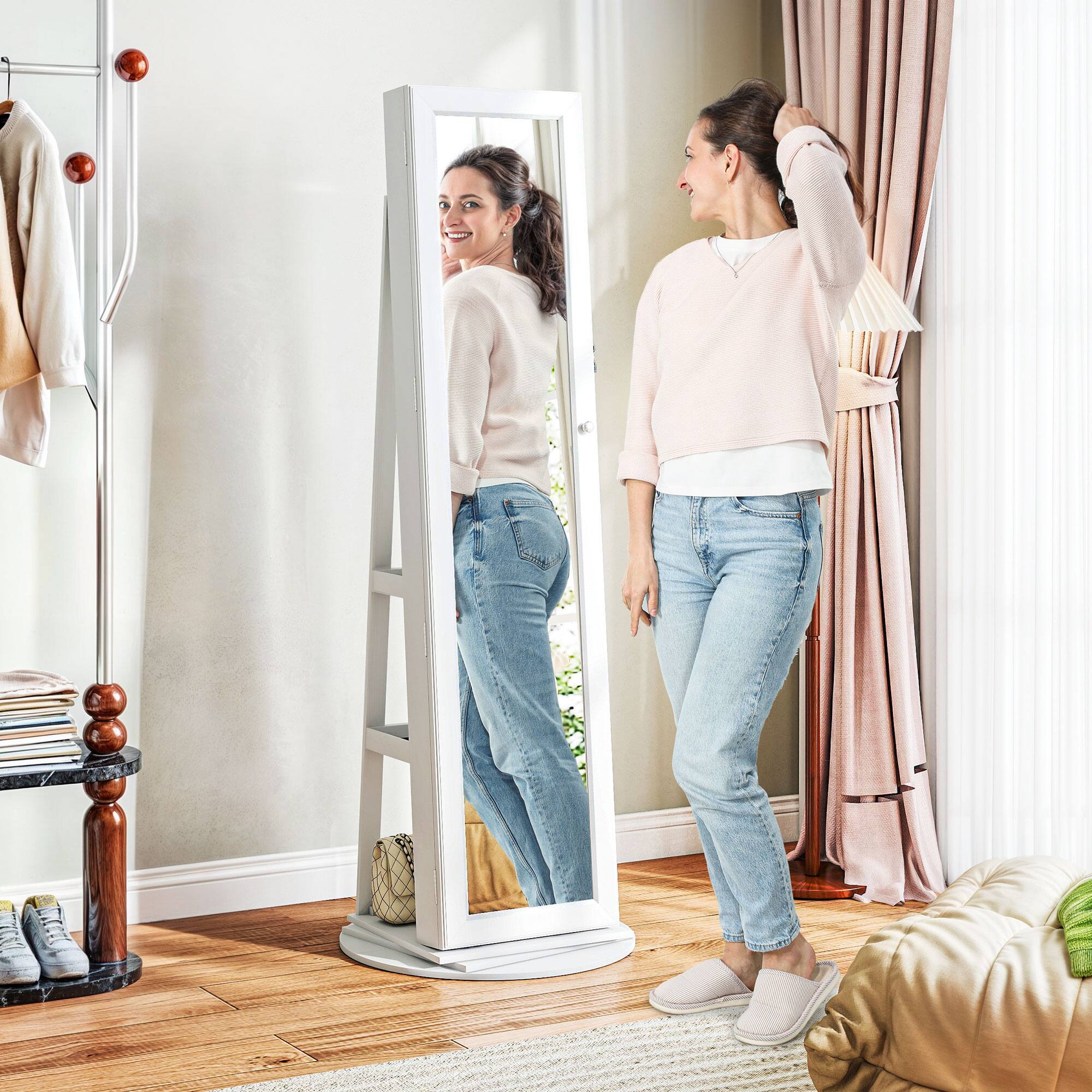 Alt View 7. Homcom - 360° Swivel Jewelry Cabinet: Full Mirror+Back Shelves Armoire - White.