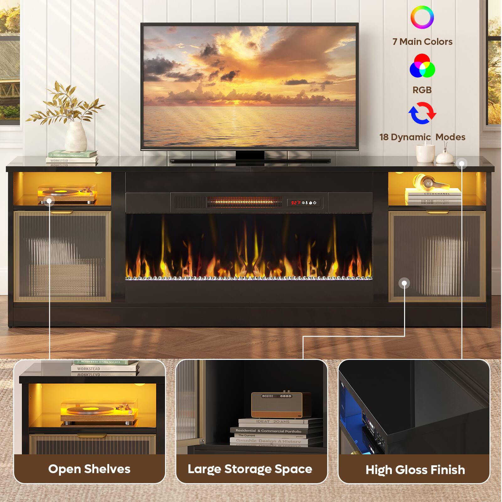 The image features a flat screen TV placed on top of a wooden entertainment center. The entertainment center has an open shelves design, providing ample storage space. The TV is surrounded by a fireplace, adding warmth and ambiance to the room. The entertainment center is equipped with 18 dynamic modes and 7 main colors, allowing for a customizable and engaging viewing experience. The high gloss finish of the entertainment center adds a touch of elegance and sophistication to the overall design.