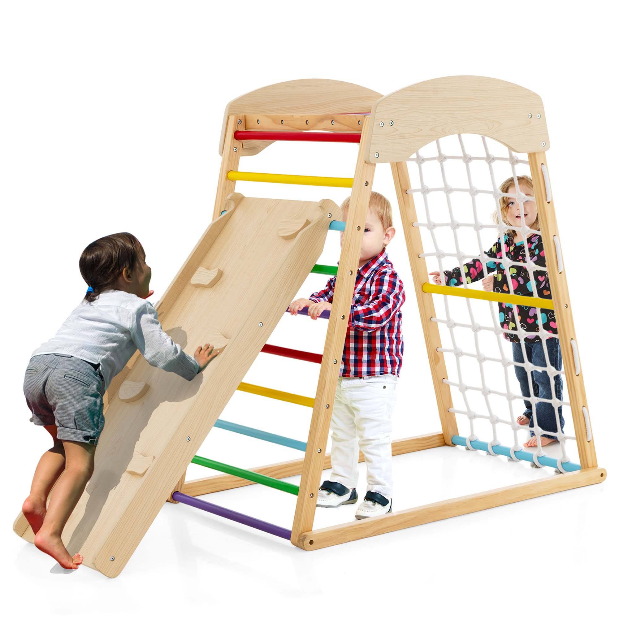 Costway - 6-in-1 Wood Jungle Gym Montessori Climbing Play Set with Double-sided Ramp - Colorful