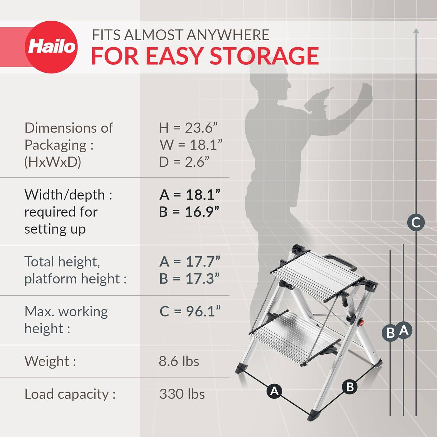 FITS ALMOST ANYWHERE Hailo FOR EASY STORAGE

Dimensions of Packaging: (HxWxD)
H = 23.6"
W = 18.1"
D = 2.6"

Width/depth: required for setting up
A = 18.1"
B = 16.9"

Total height, platform height:
A = 17.7"
B = 17.3"

Max. working height:
C = 96.1"

Weight: 8.6 lbs

Load capacity: 330 lbs