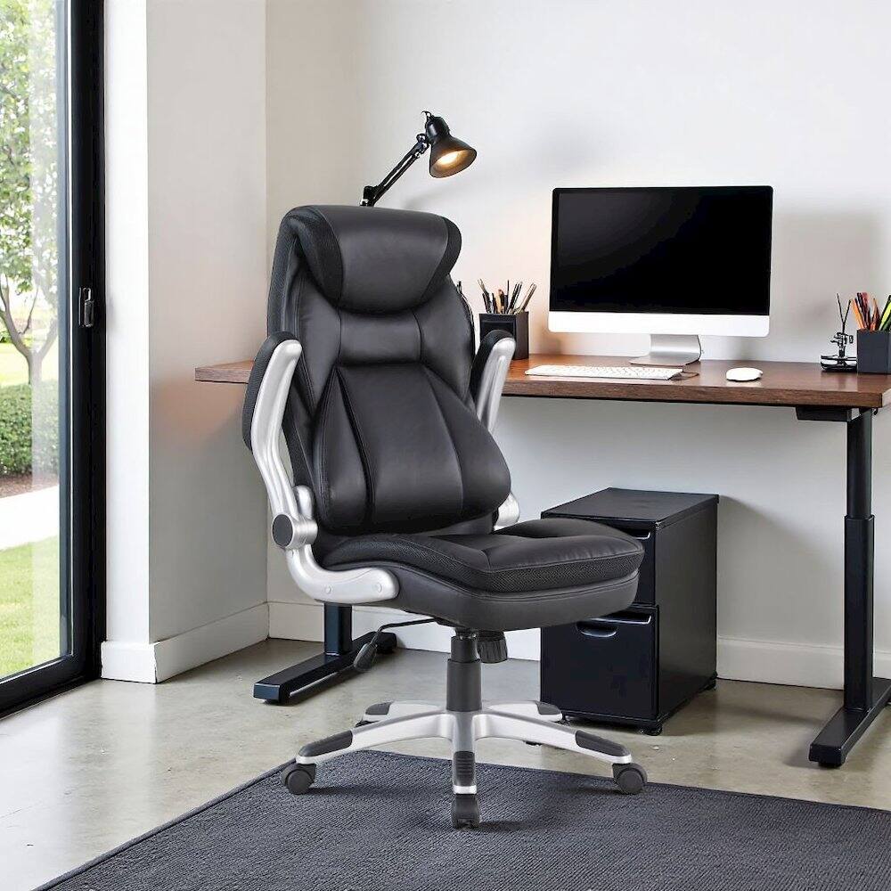 Alt View 8. FurniFact - Executive Black Leather Chair – High-Back Work Chair With Silver Base - Black / Silver.