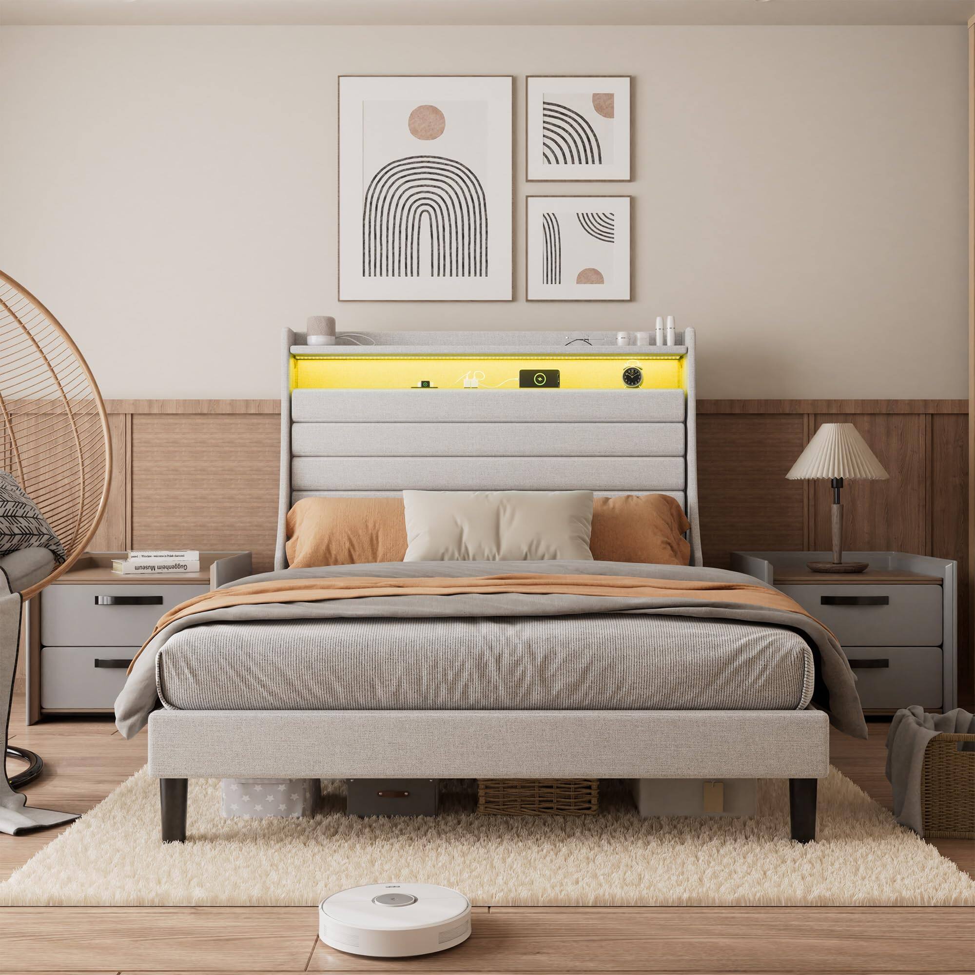 Left. Acekool - Full Bed Frame with Charging Station, LED Lights & Upholstered Storage Headboard, No Box Spring Needed - Beige.