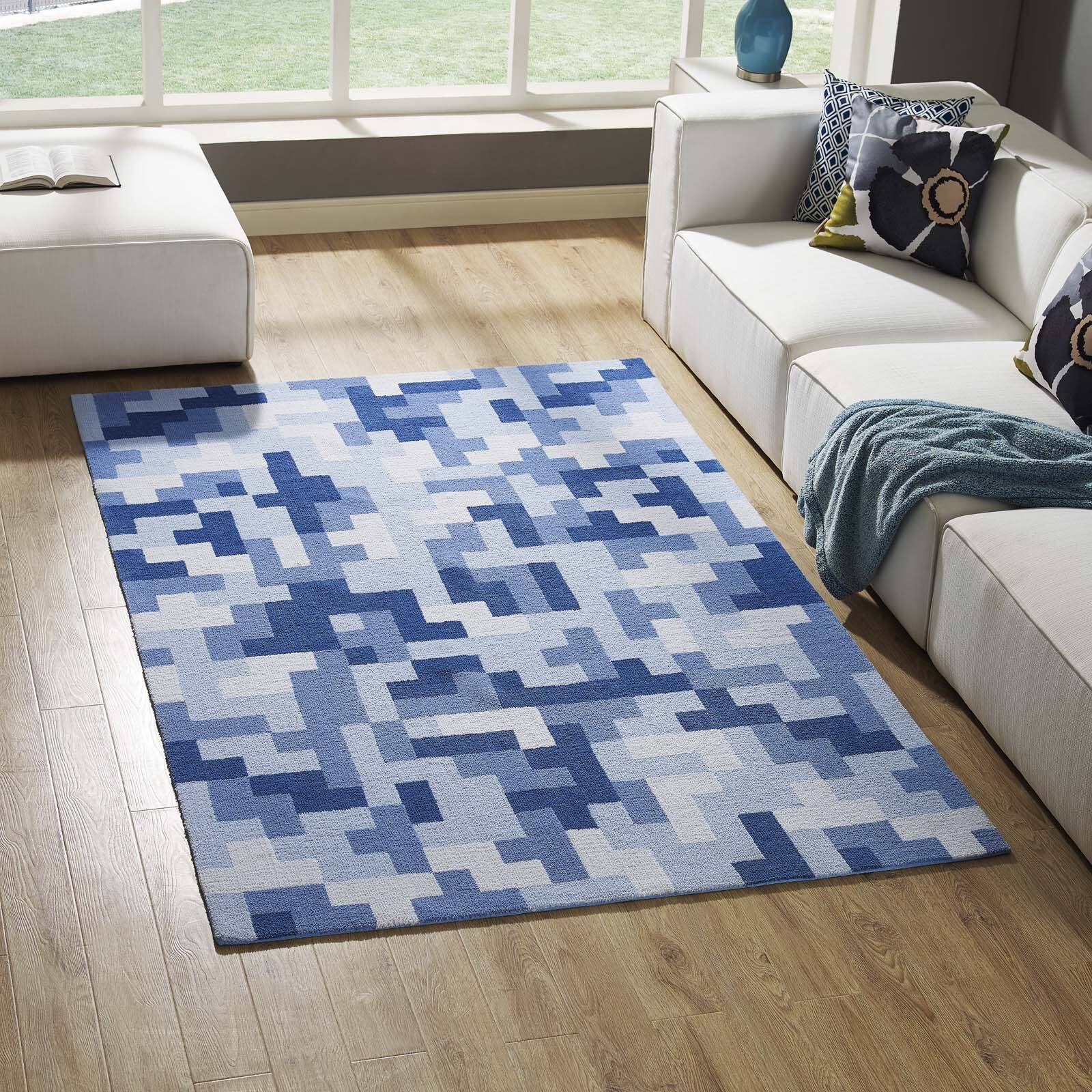 Front. Modway - Andela Interlocking Block Mosaic Area Rug - Multicolored Light and Dark Blue.