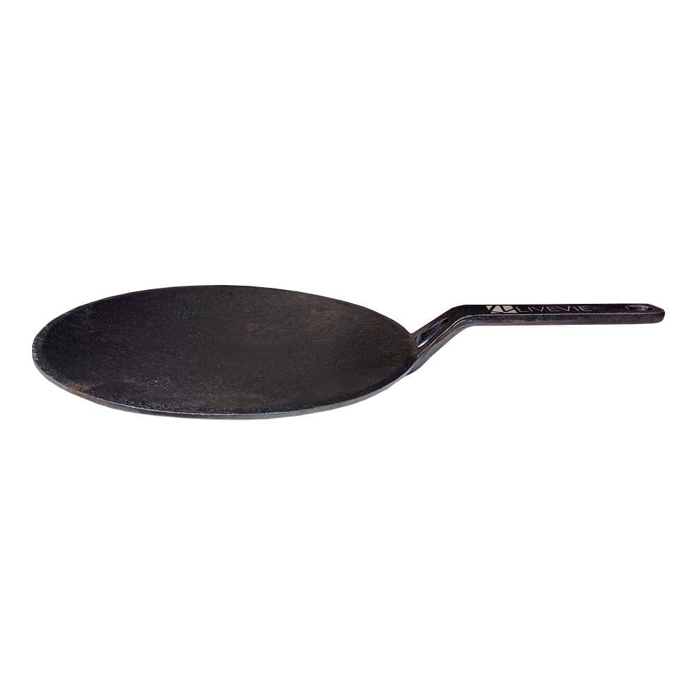 Front. Amber Sporting Goods - LIVEVIE 10" Concave Cast Iron Skillet Tawa, Pre-Seasoned Griddle Pan with 5.5" Handle - Black.