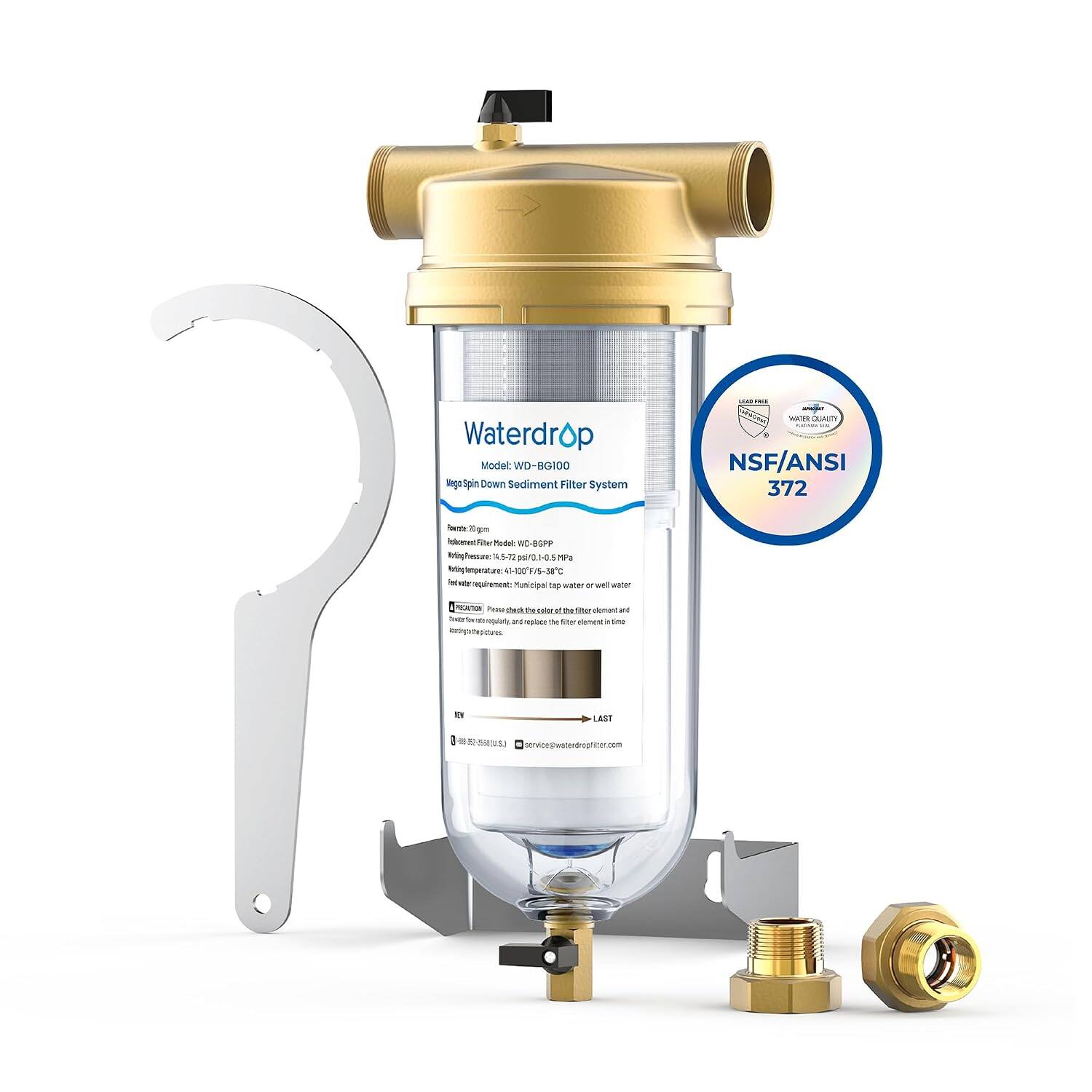 Waterdrop Model: WD-8G100 Mego Spin Down Sediment Filter System

FROD - WATER Milket QUAITY NSF/ANSI 372

stral Egn Inskament Fiber Model: WC-8GPP
hessure: 4.5-72 poir0.1-0.5 MP3
lingtemperature: 40-100F/5-38C
abs requirement: Municipa tap water or vel water

CAUTOS Prese check the Vition doment and and replace 5g Stor dement

LAST

service@waterdropfilter.com