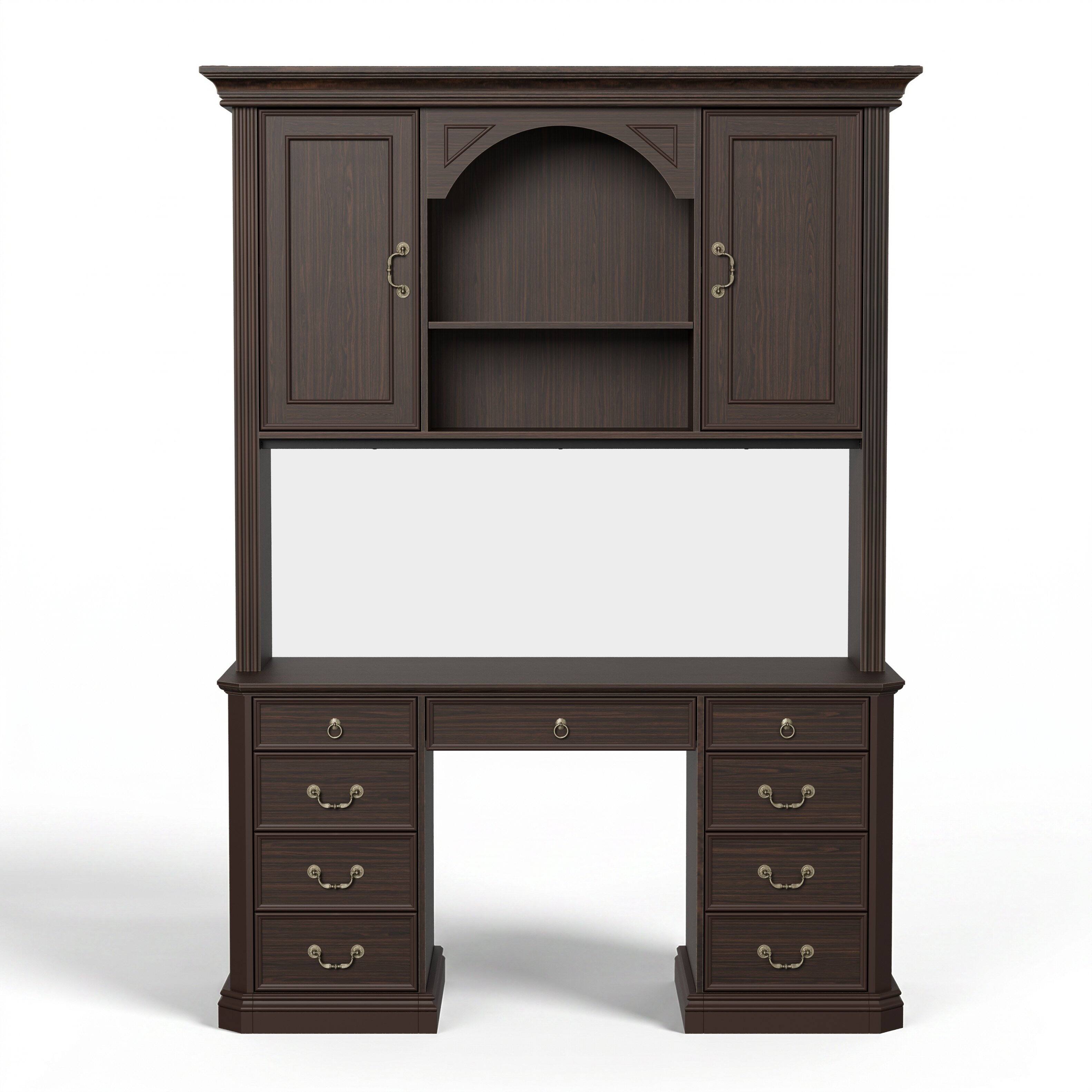 Alt View 10. Famapy - Bookcase Desk with Hutch & Drawers, Large Computer Desk with Arched Shelves for Home Library Student Writing Station - Dark Brown.
