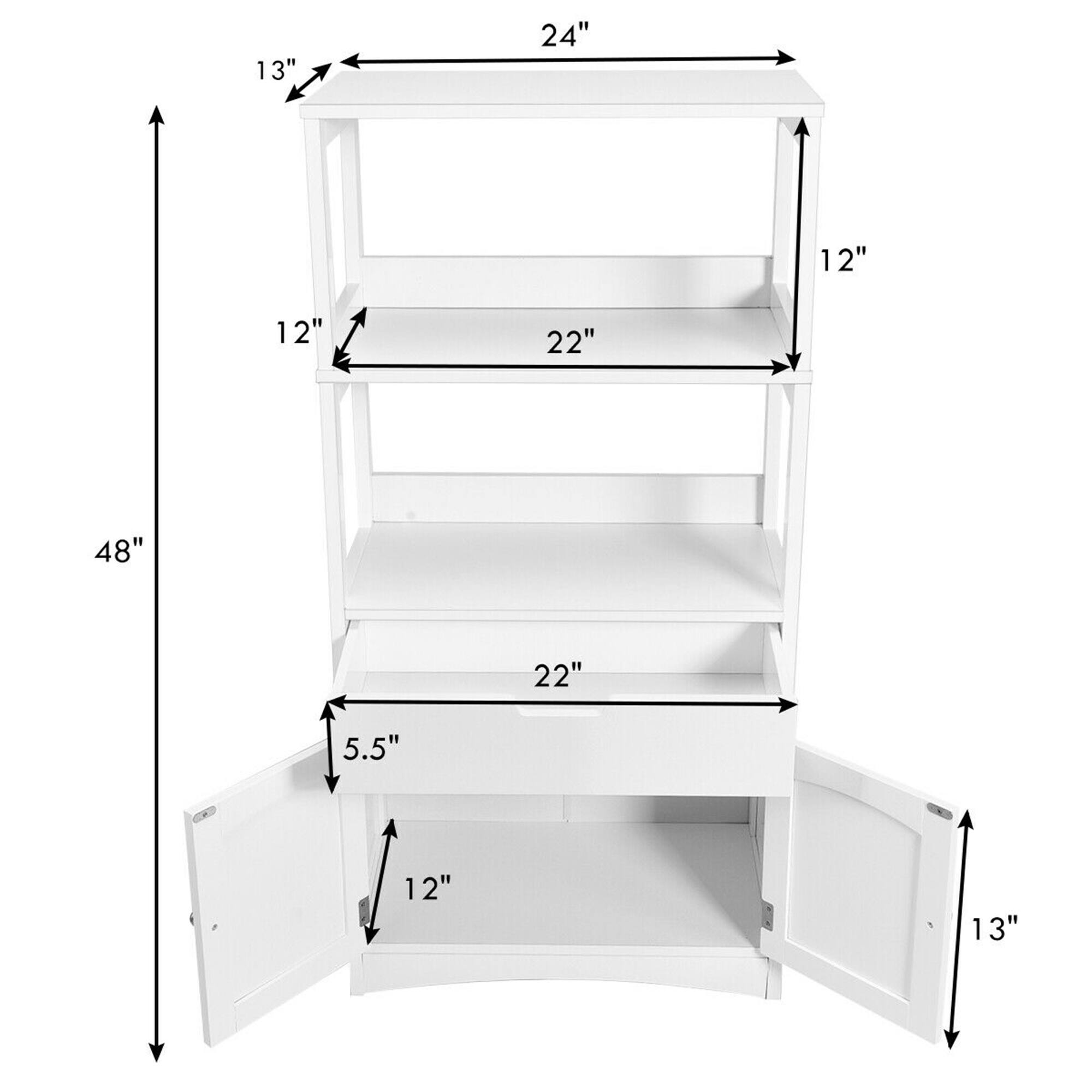 - 24" (width)
- 13" (height of top section)
- 12" (height of middle section)
- 22" (depth of top and middle shelves)
- 12" (height of bottom section)
- 22" (depth of bottom shelf)
- 5.5" (height of bottom drawer)
- 12" (width of bottom drawer)
- 13" (height of drawer front)
- 48" (total height)
