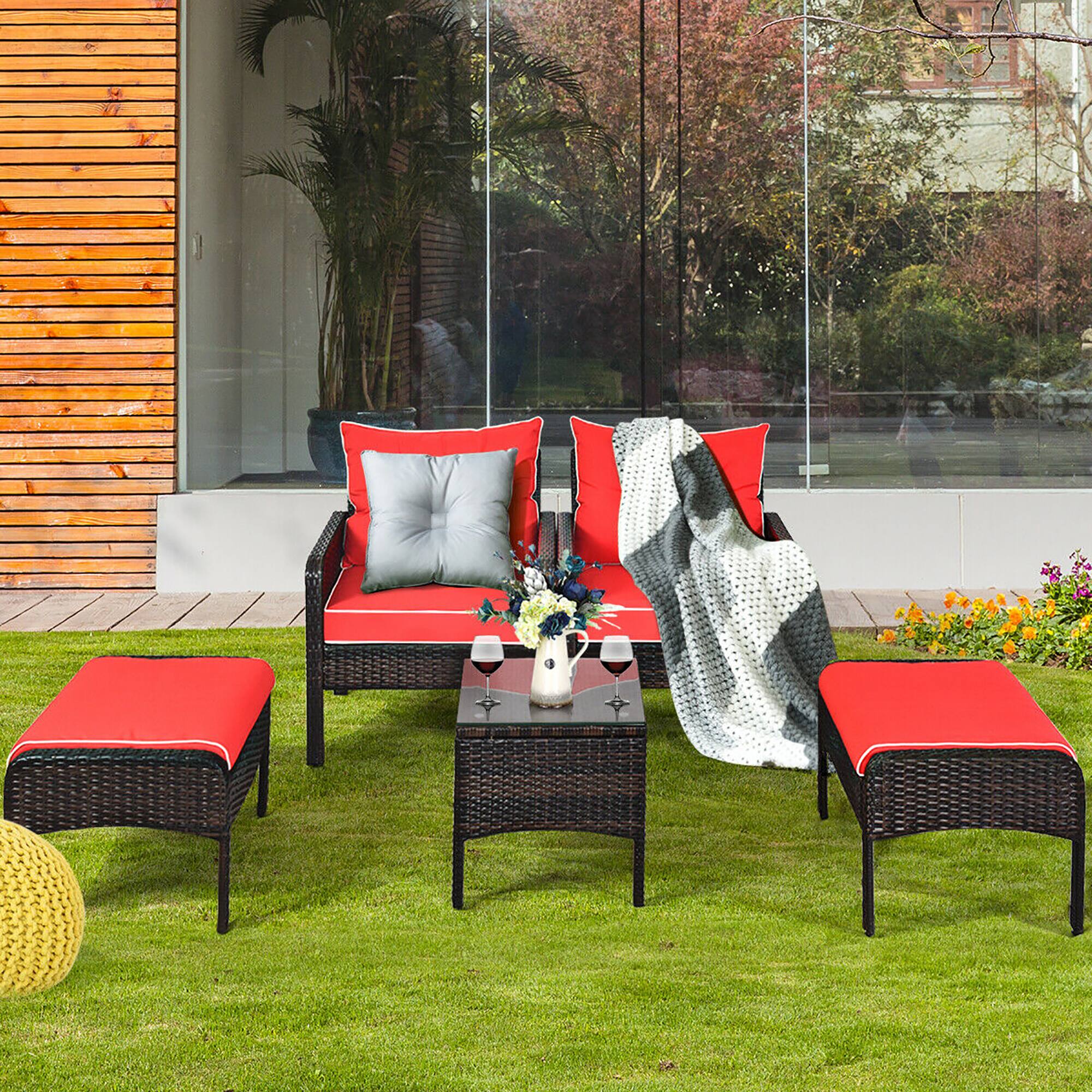 Alt View 5. Costway - Costway 5 PCS Patio Rattan Furniture Set Sofa Ottoman Table Cushioned Yard - Red.