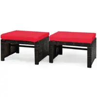 Costway - 2PCS Patio Rattan Ottoman Cushioned Seat Foot Rest Furniture - Red + Mix brown - Front_Zoom