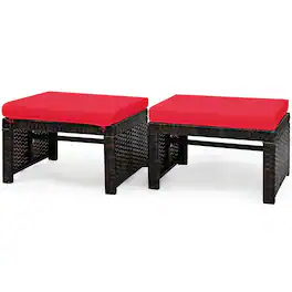 Costway - 2PCS Patio Rattan Ottoman Cushioned Seat Foot Rest Furniture - Red + Mix brown