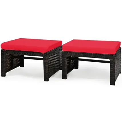 Costway - 2PCS Patio Rattan Ottoman Cushioned Seat Foot Rest Furniture - Red + Mix brown