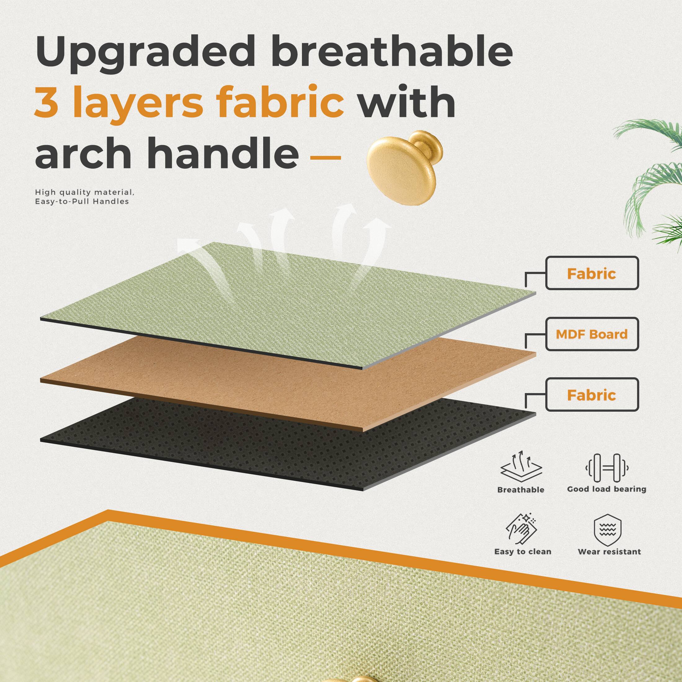 Upgraded breathable 3 layers fabric with arch handle -  
High quality material, Easy-to-Pull Handles  
Fabric  
MDF Board  
Fabric  
Breathable  
Good load bearing  
Easy to clean  
Wear resistant