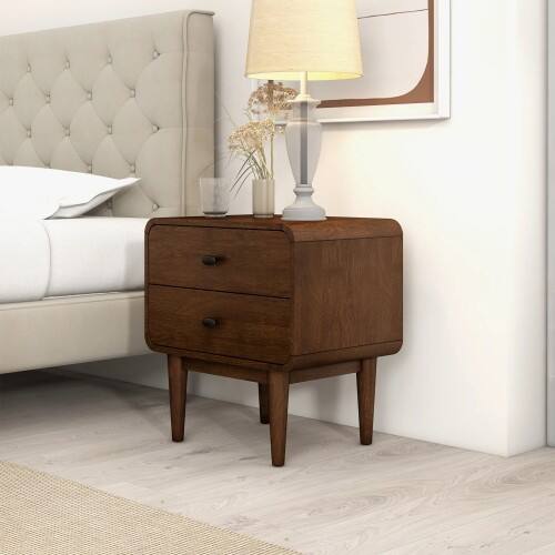 Angle. LUCKY ONE - Assembled Mid Century Nightstand with Solid Wood Tapered Legs - Brown.