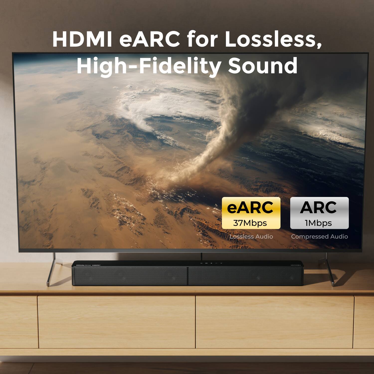 HDMI eARC for Lossless, High-Fidelity Sound
eARC 37Mbps Lossless Audio
ARC 1Mbps Compressed Audio