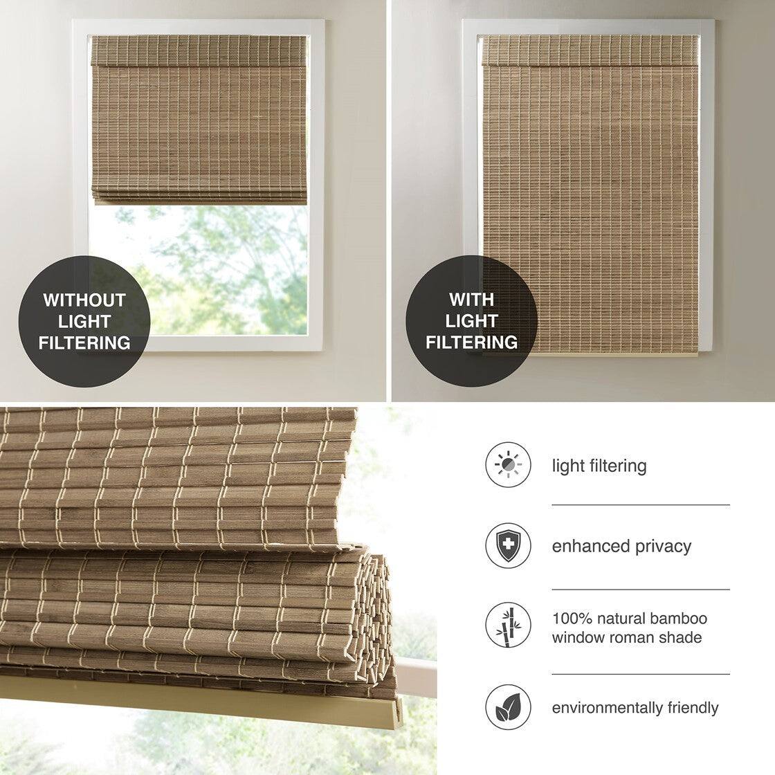 WITHOUT LIGHT FILTERING  
WITH LIGHT FILTERING  

light filtering  
enhanced privacy  
100% natural bamboo window roman shade  
environmentally friendly