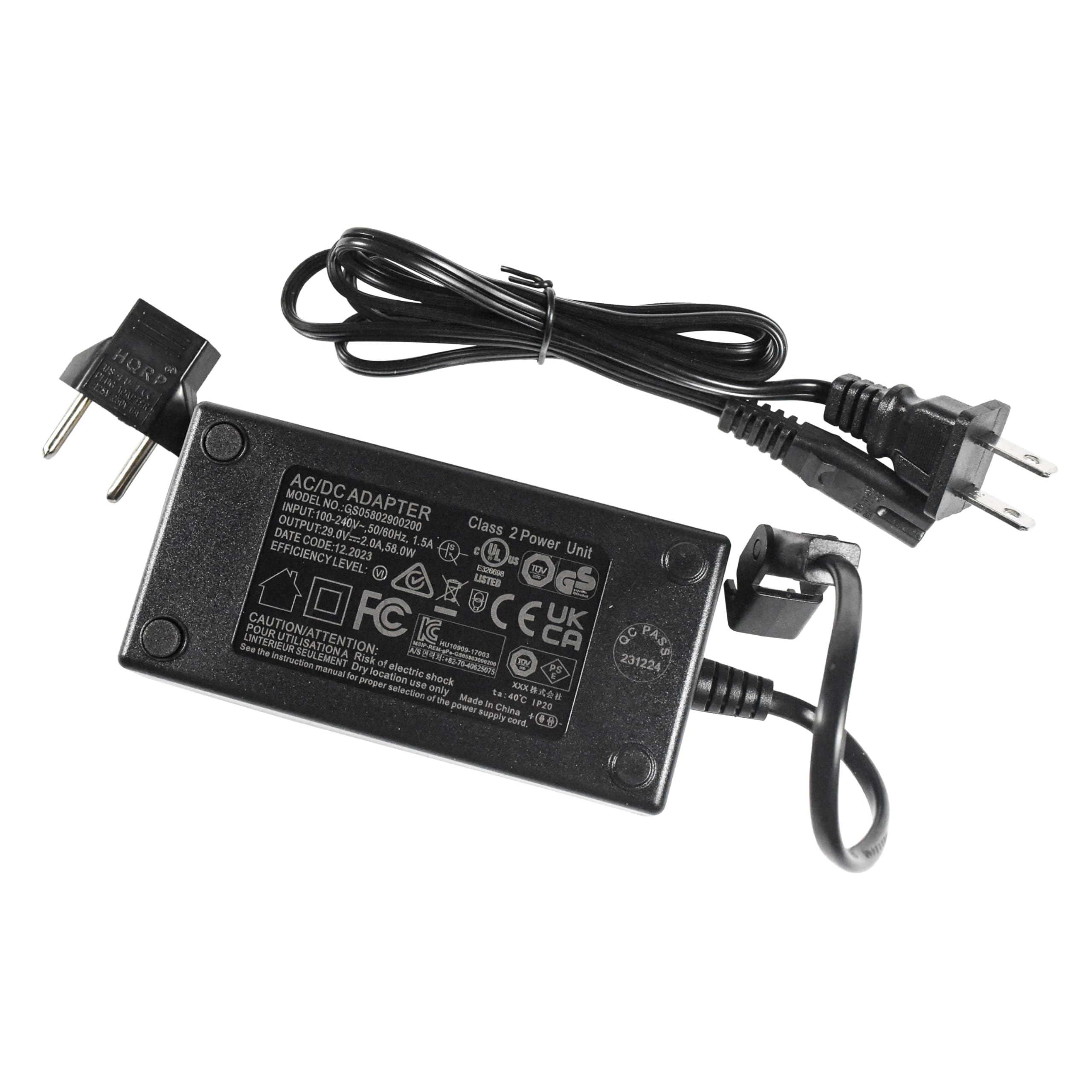 AC/DC ADAPTER  
MODEL: HRP  
INPUT: 100-240V~50/60Hz  
OUTPUT: 100-240V~2.00Hz, 1.5A, 35.0W  
DATE: 29.05.2023  
CODE: 12.2023  
EFFICIENCY LEVEL:  
Class 2 Power Unit  
CAUTION/ATTENTION:  
- Risk of electric shock. See the manual for proper selection of the power cord.  
- Dry location only.  
- Made in China.  
- IP20  
- QC ASO 231224
