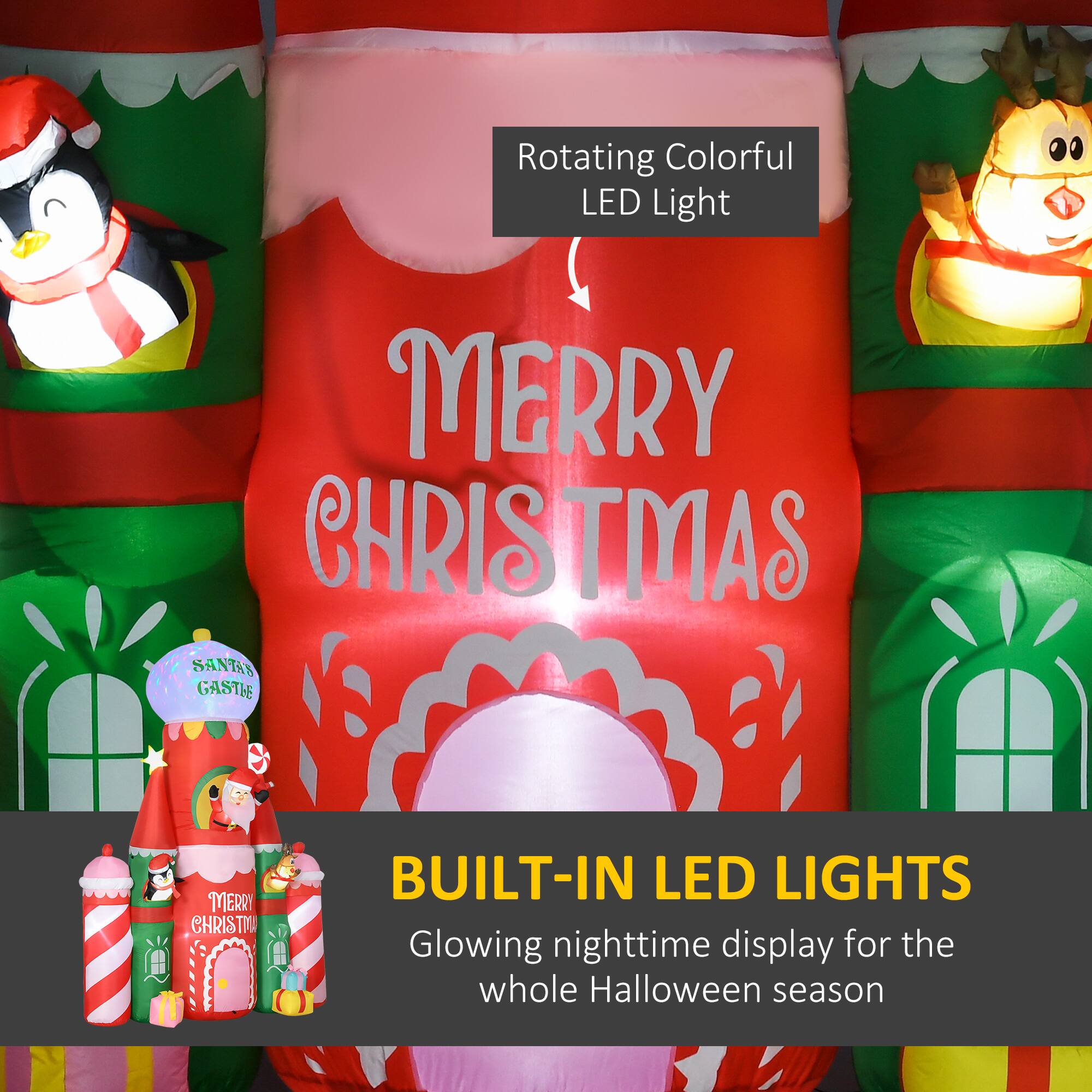 Rotating Colorful LED Light

MERRY CHRISTMAS

BUILT-IN LED LIGHTS

Glowing nighttime display for the whole Halloween season