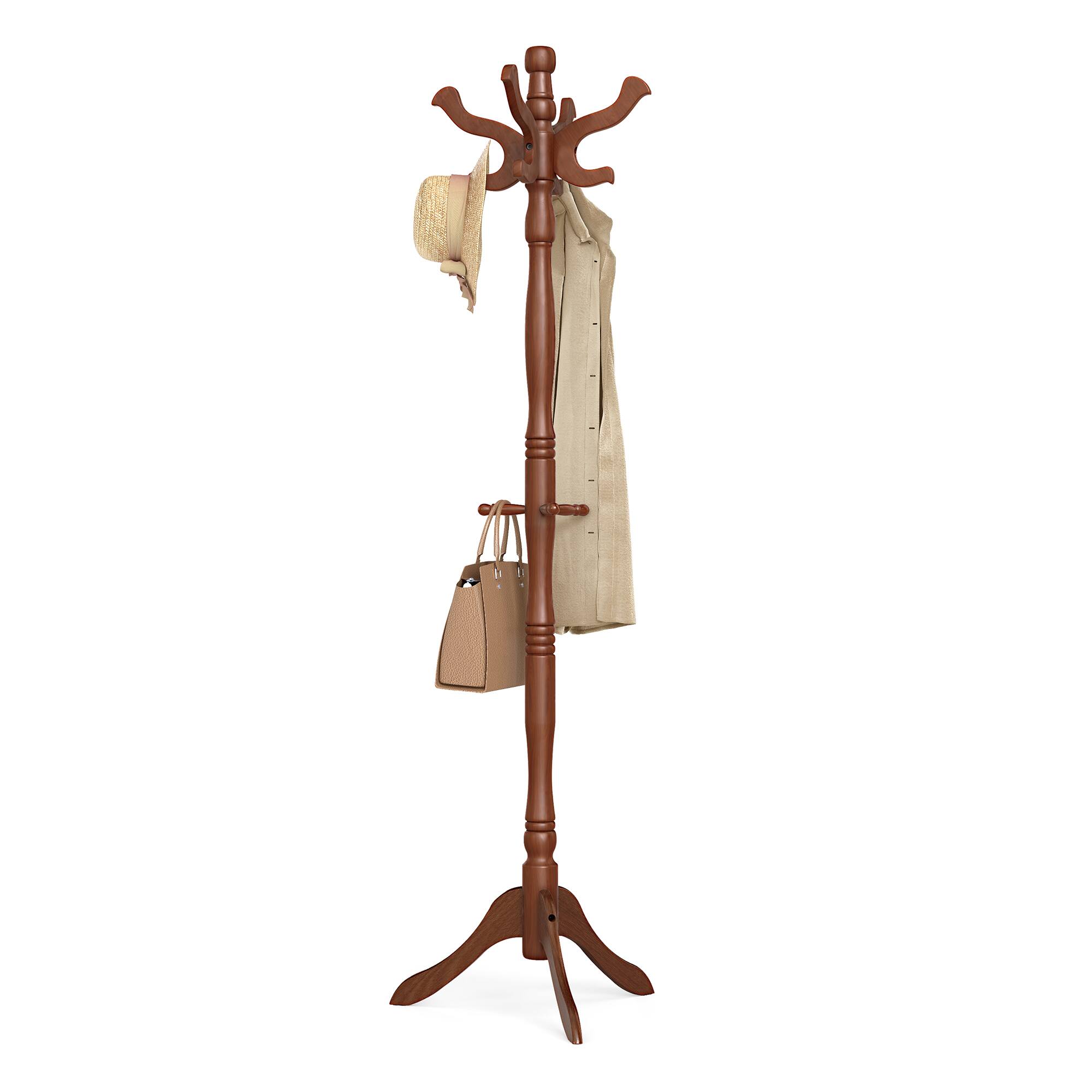 Songmics Home - Coat Stand, Solid Wood Freestanding Coat Rack with 11 Hooks, Hall Tree for Bags, Purses, Hats, for Entryway, Hallway - Eucalyptus Wood