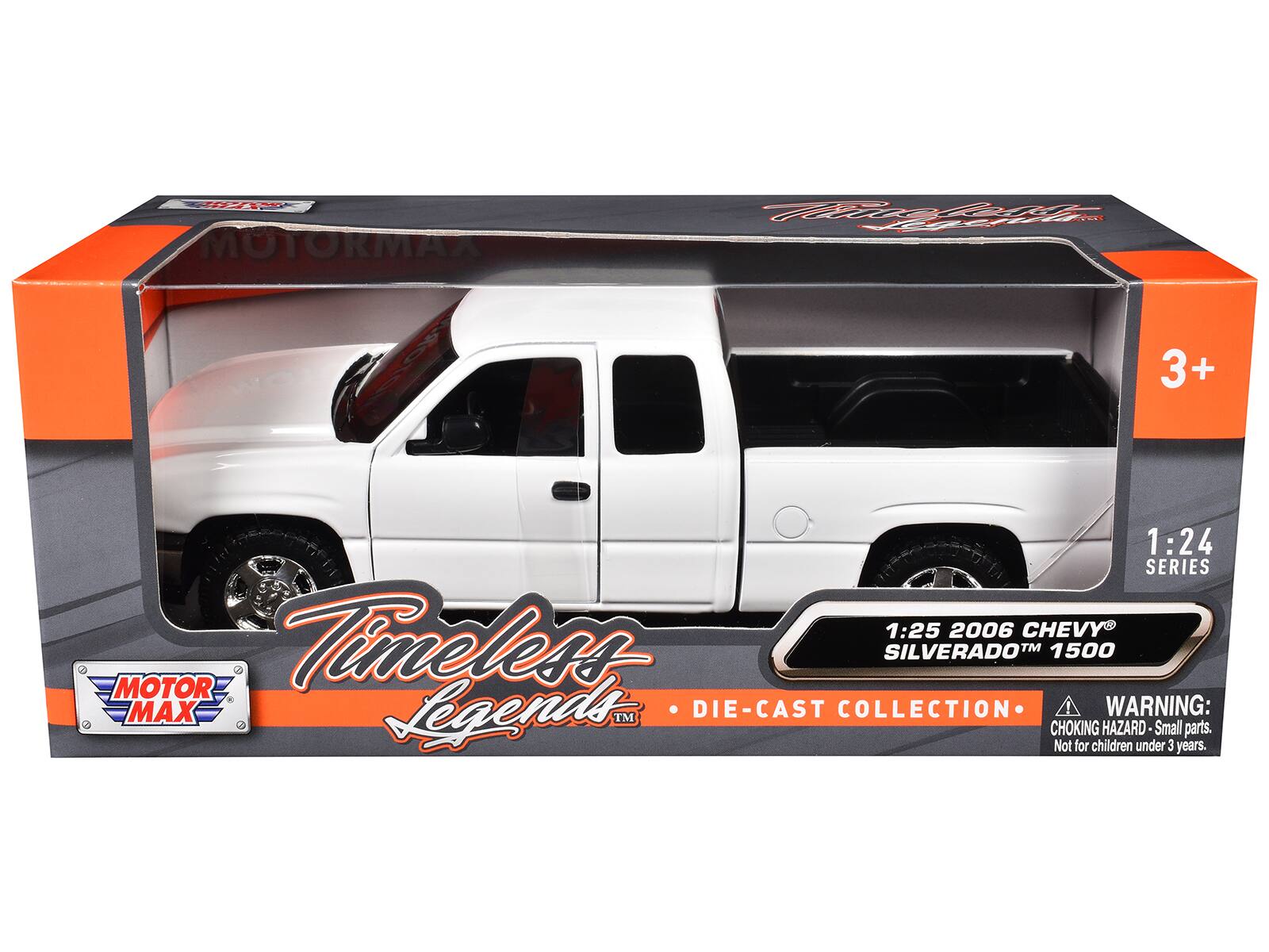 MOTORMAX  
CIL 3+  
1:24 SERIES  
1:25 2006 CHEVY SILVERADO 1500  
TIMELESS LEGENDS DIE-CAST COLLECTION  
A WARNING: TM  
CHOKING HAZARD - Small parts. Not for children under 3 years.