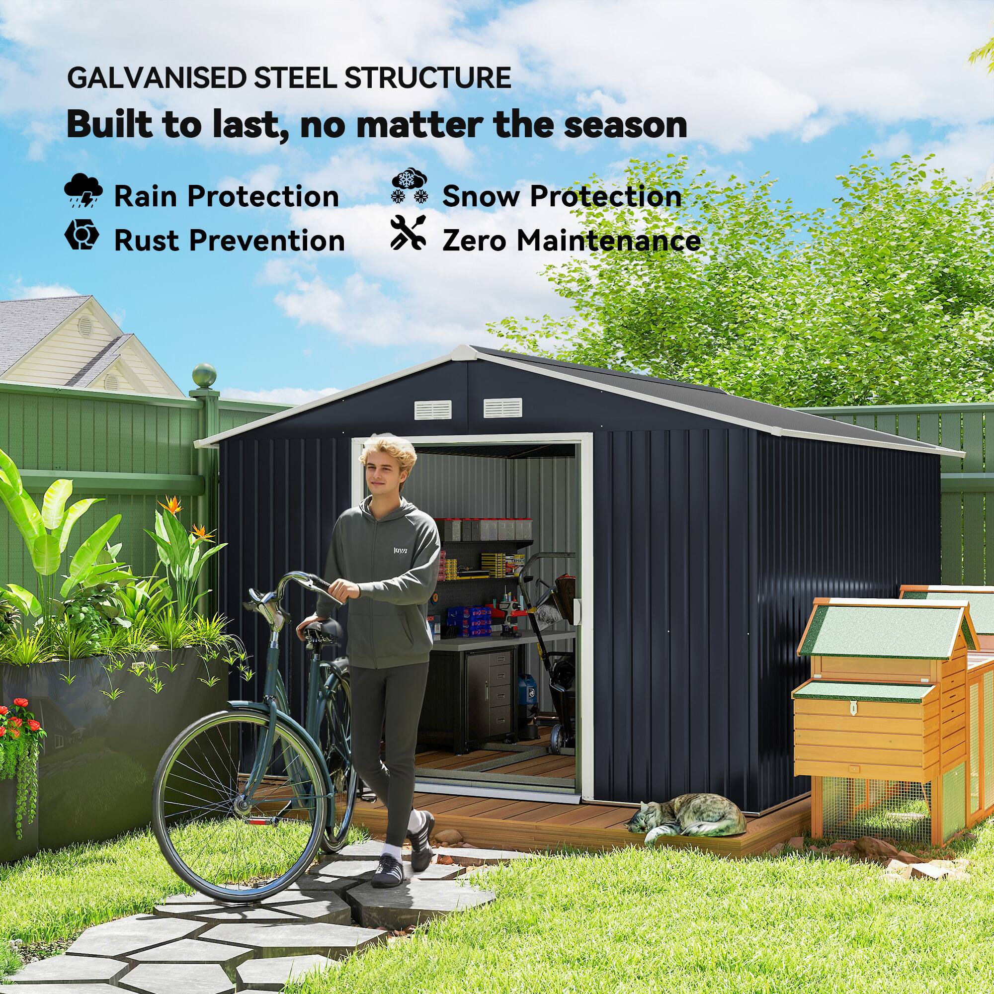 GALVANISED STEEL STRUCTURE  
Built to last, no matter the season  

- Rain Protection  
- Snow Protection  
- Rust Prevention  
- Zero Maintenance