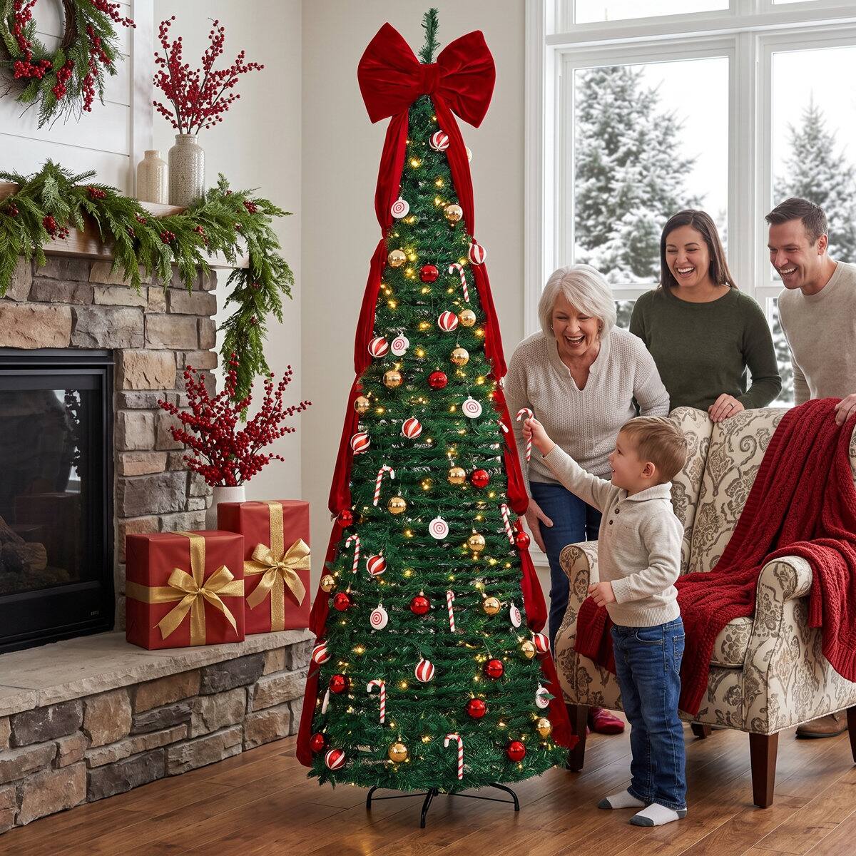 Alt View 2. Wisairt - 6FT Pop-Up Christmas Tree, 200 Warm White LEDs 8 Modes with Ornaments Set - Green.